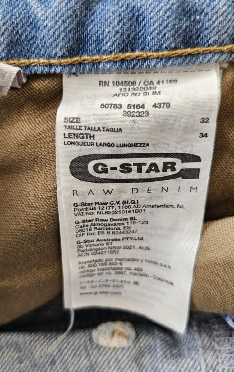 G-Star ARC 3D SLIM Light Aged Distressed Mens Denim Jeans Size 32 x 34