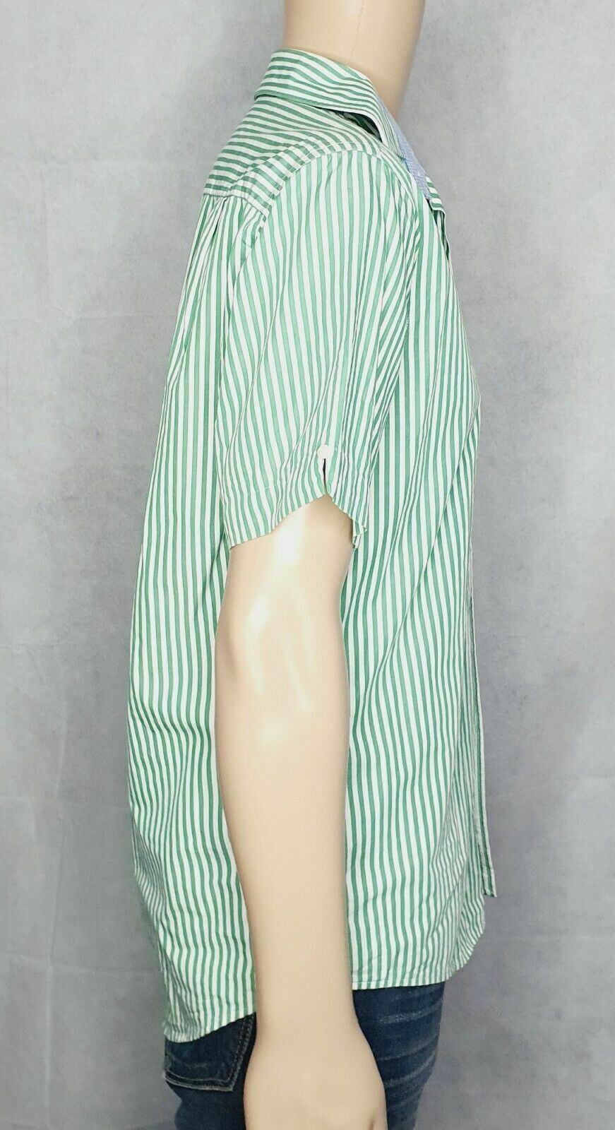 R.M Williams Mens White & Green Stripe Short Sleeve Shirt Regular Fit Size S.