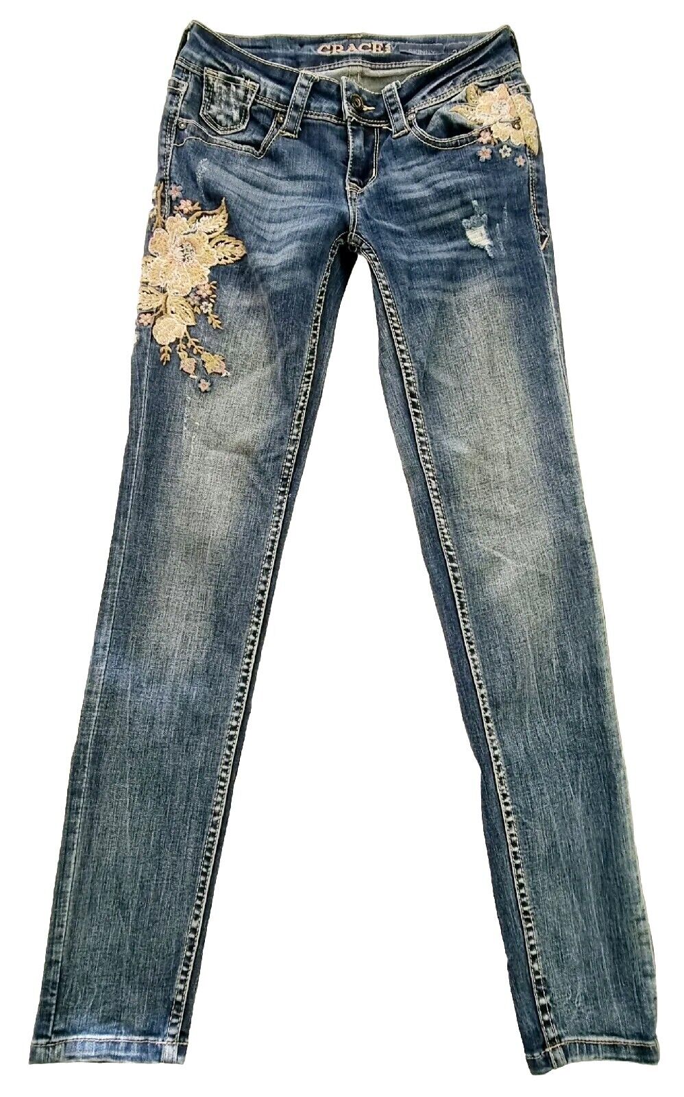 Grace In LA Distressed Floral Detail Skinny Jeans Ladies Size 24