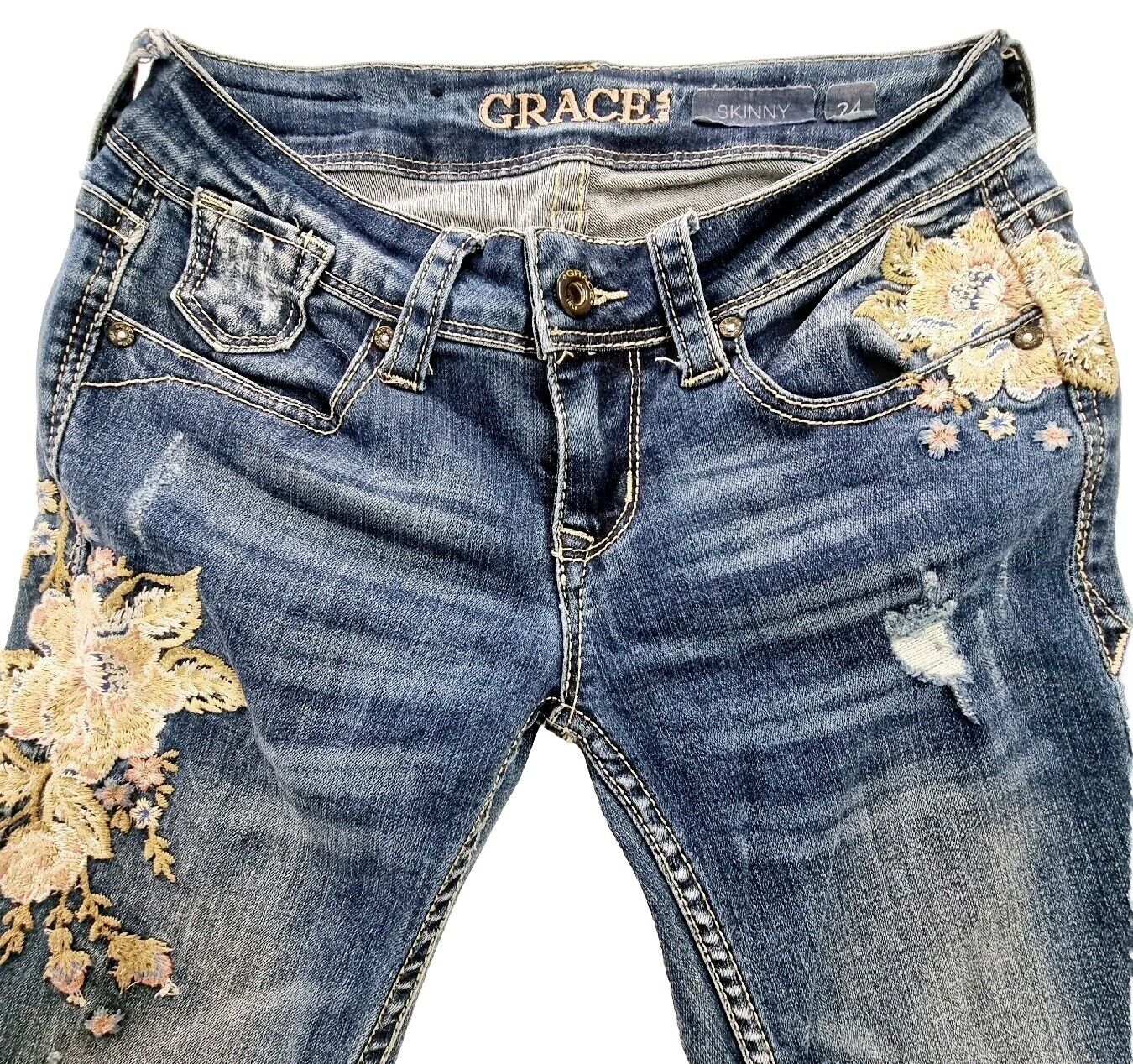 Grace In LA Distressed Floral Detail Skinny Jeans Ladies Size 24