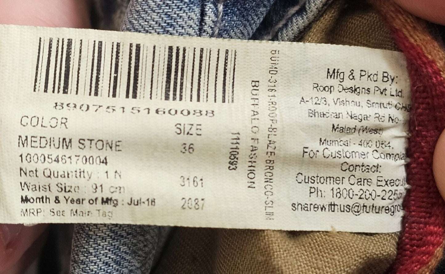 Buffalo Bronco Mid Slim Meduim Stone Mens Denim Jeans Size 36