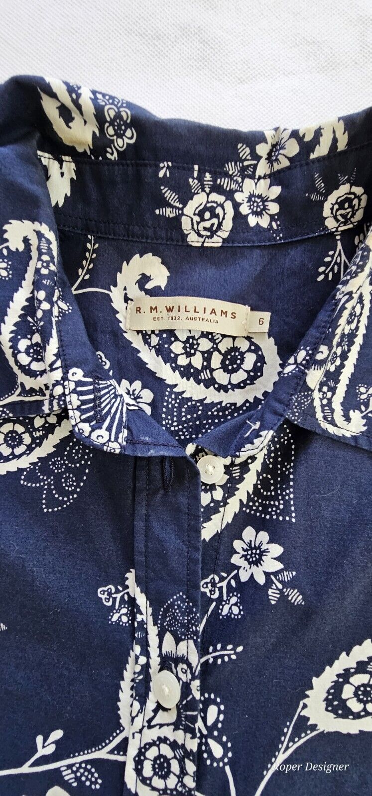R.M. Williams Navy Floral Cotton Silk Shirt Ladies Size 6