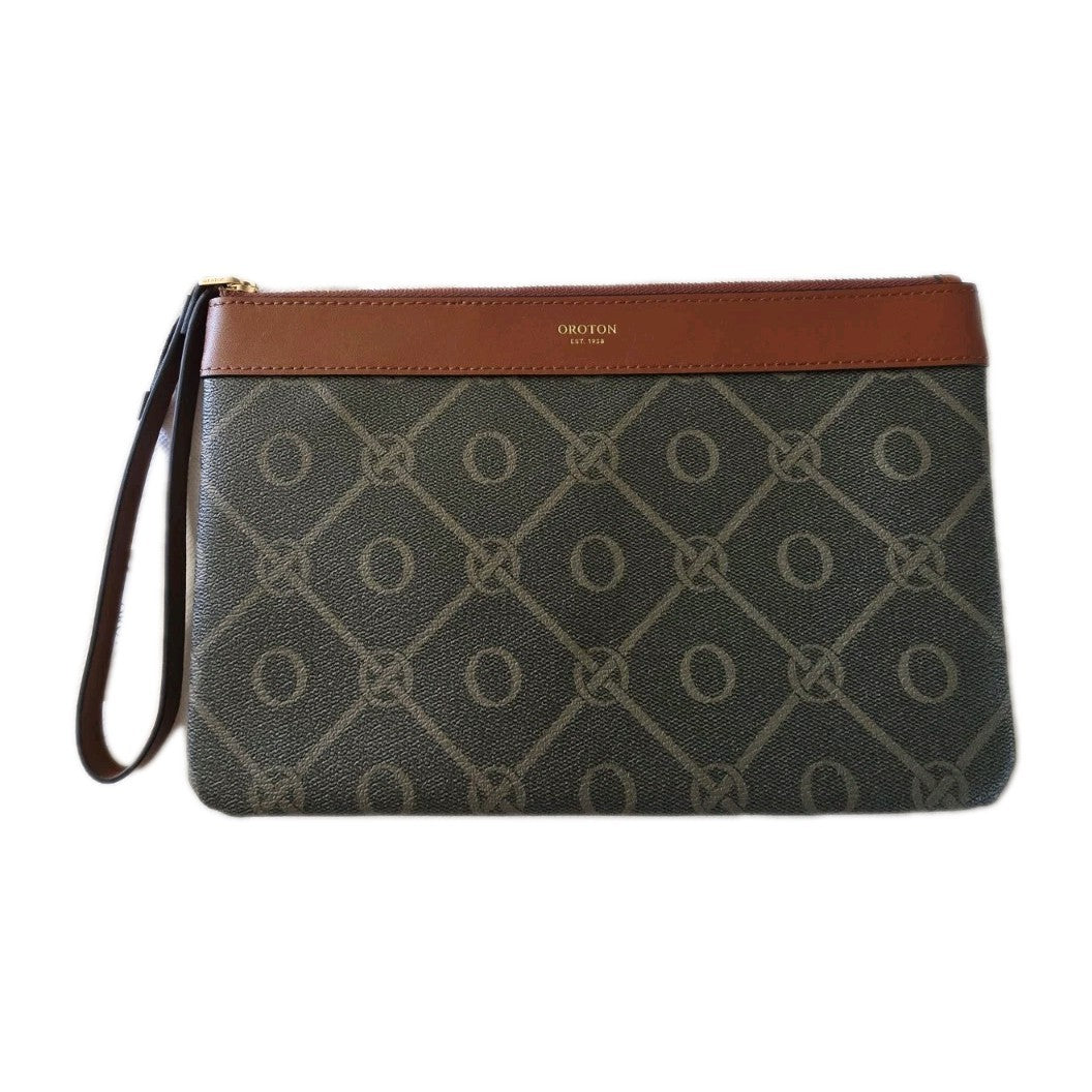 Oroton Harvey Signature Medium Zip Pouch Black/Cognac NEW