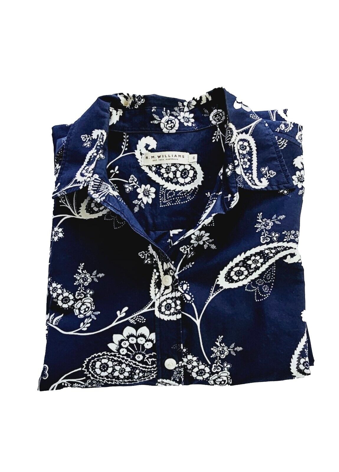 R.M. Williams Navy Floral Cotton Silk Shirt Ladies Size 6