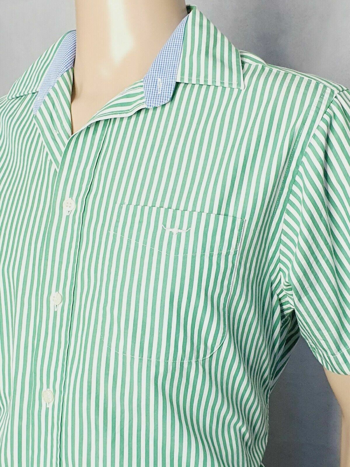 R.M Williams Mens White & Green Stripe Short Sleeve Shirt Regular Fit Size S.