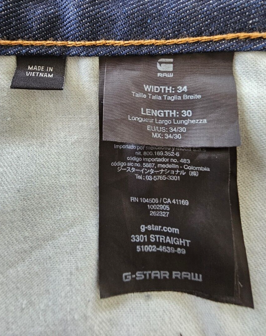 G-Star 3301 Straight leg Button Fly Men's Denim Jeans Size 34 x 30