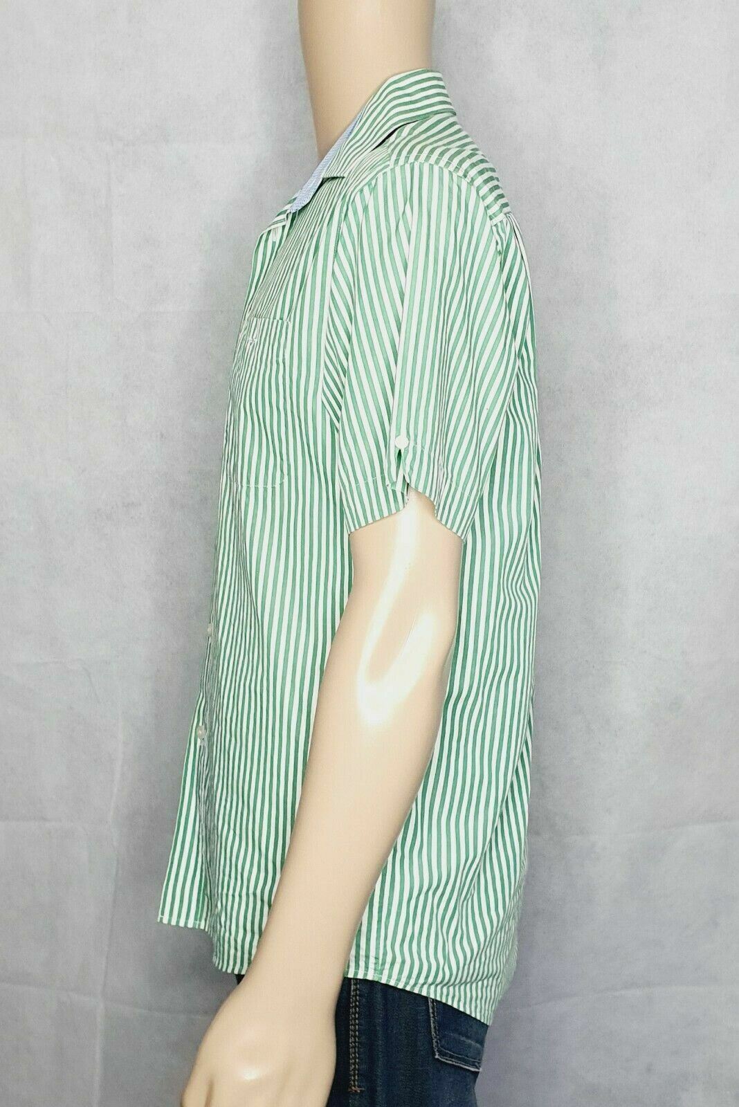 R.M Williams Mens White & Green Stripe Short Sleeve Shirt Regular Fit Size S.