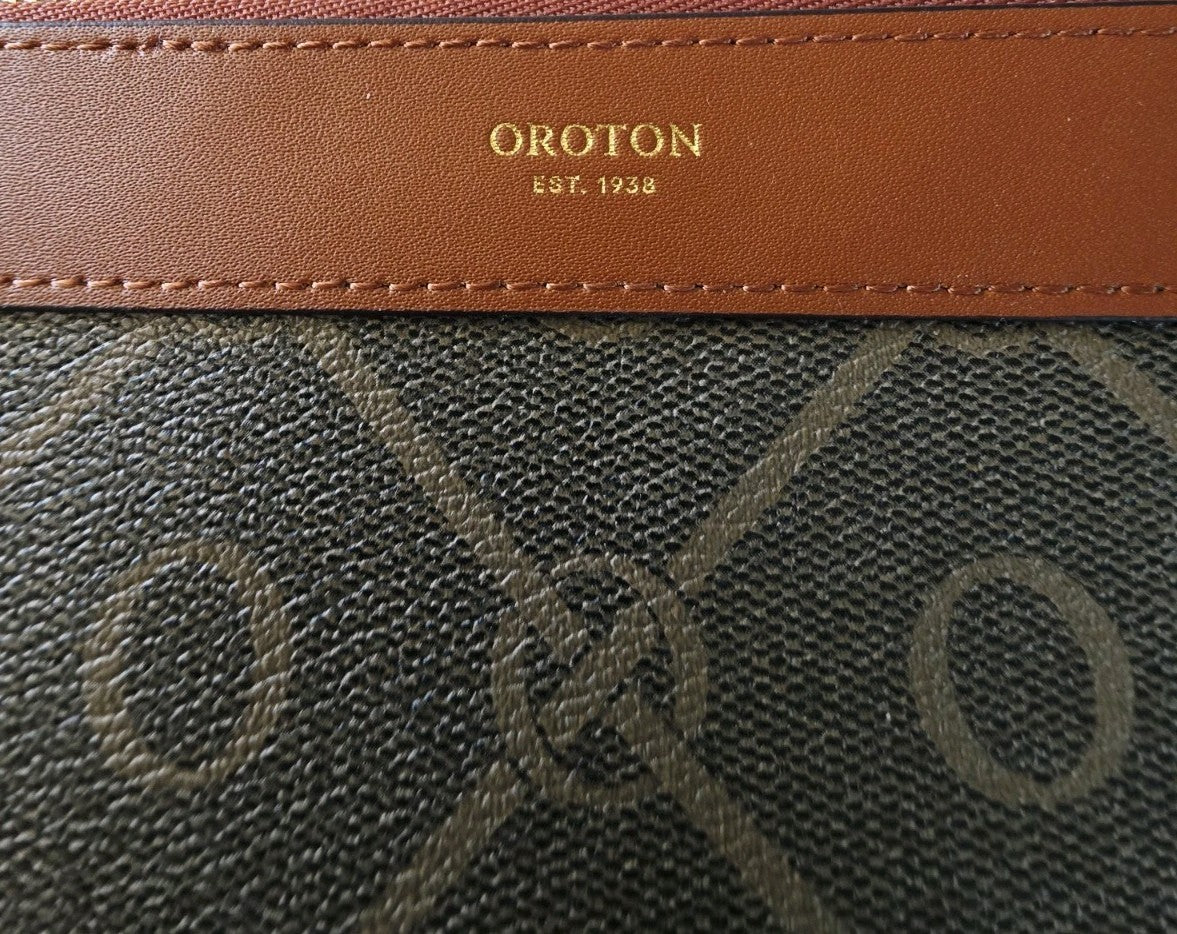 Oroton Harvey Signature Medium Zip Pouch Black/Cognac NEW