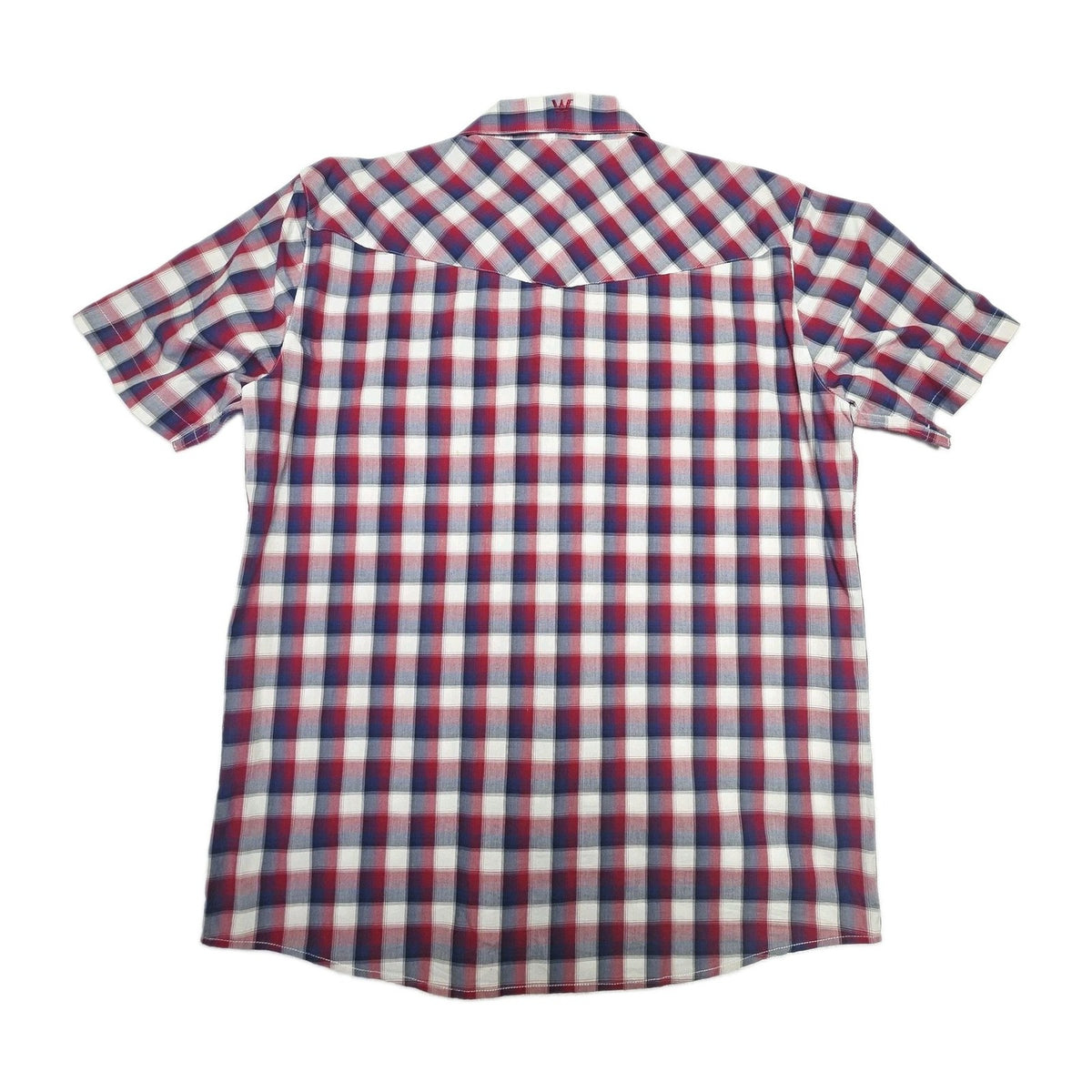 Wrangler Shirt Mens L Red Blue Plaid Short Sleeve Snap Front Western Cotton