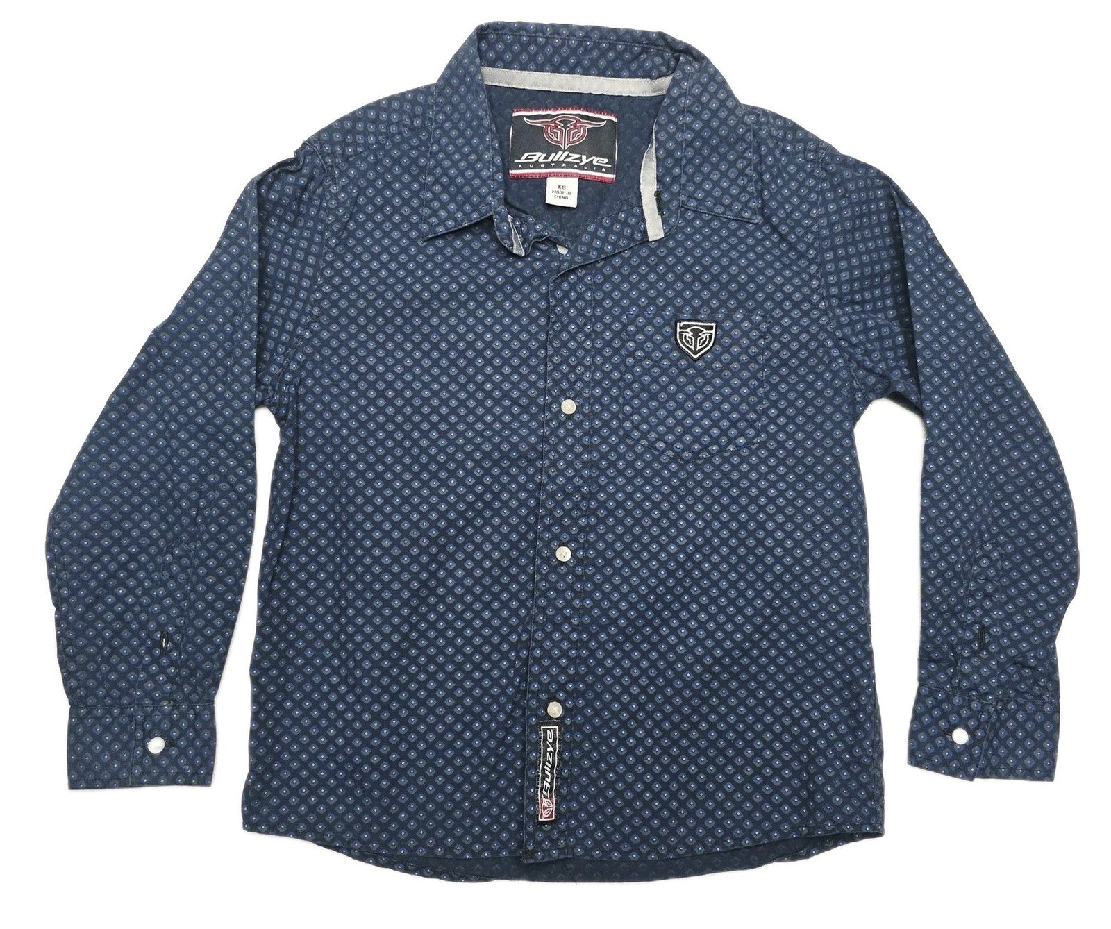 Bullzye Shirt Boys 8 Blue Long Sleeve Button Up Cotton Logo Geometric Print