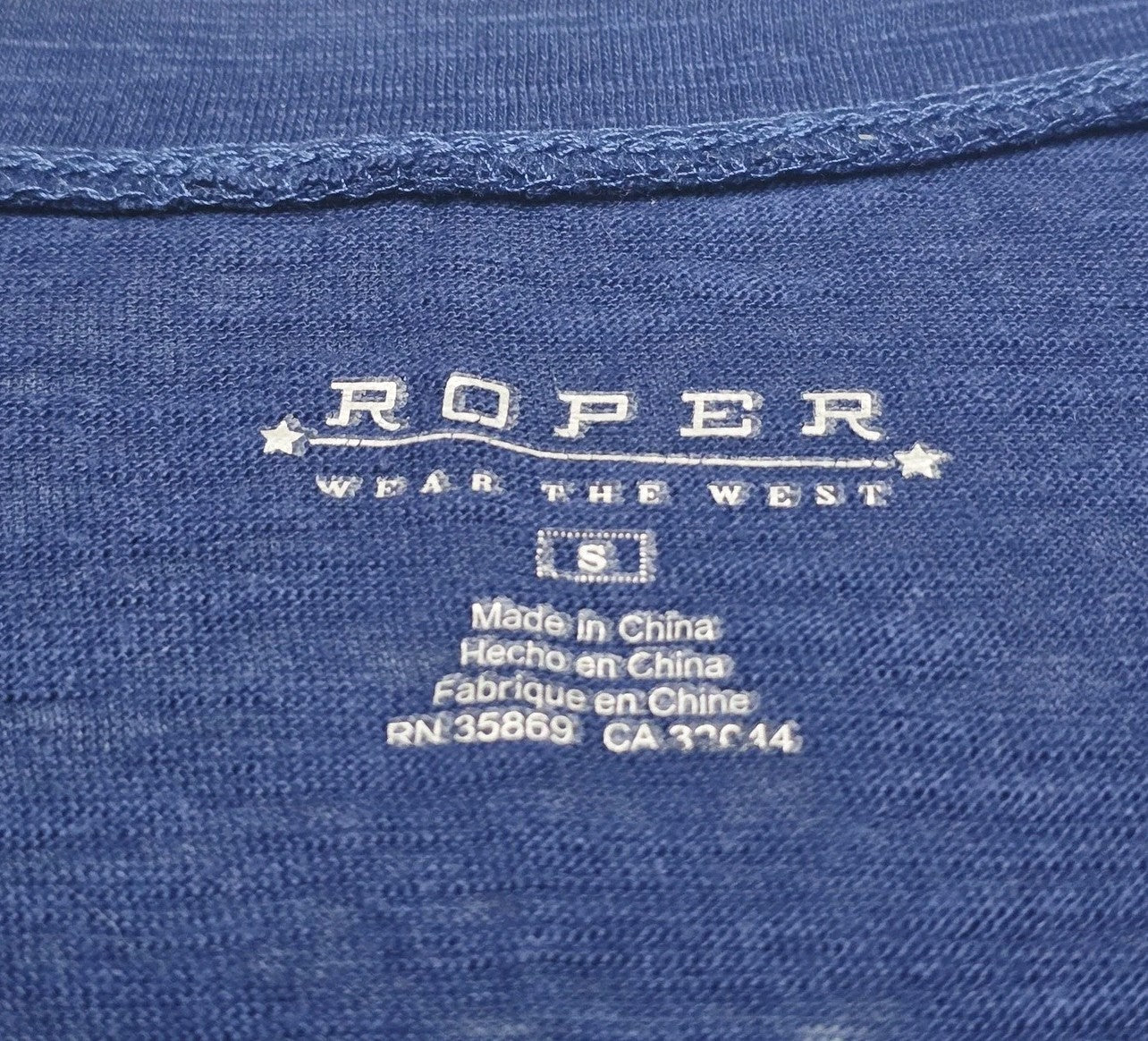 Roper T-Shirt Women's Small Blue 3/4 Sleeve Embroidered Scoop Neck Tunic Top