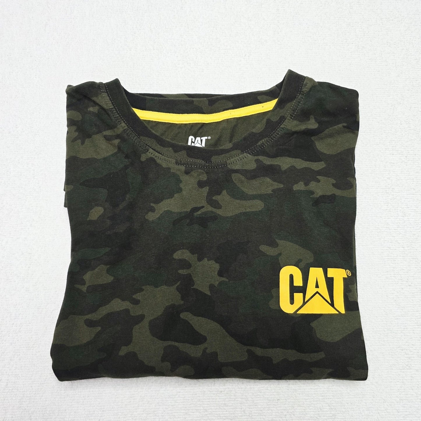 CAT Jumper Mens XL Green Camo Long Sleeve Crew Neck Caterpillar Logo Workwear