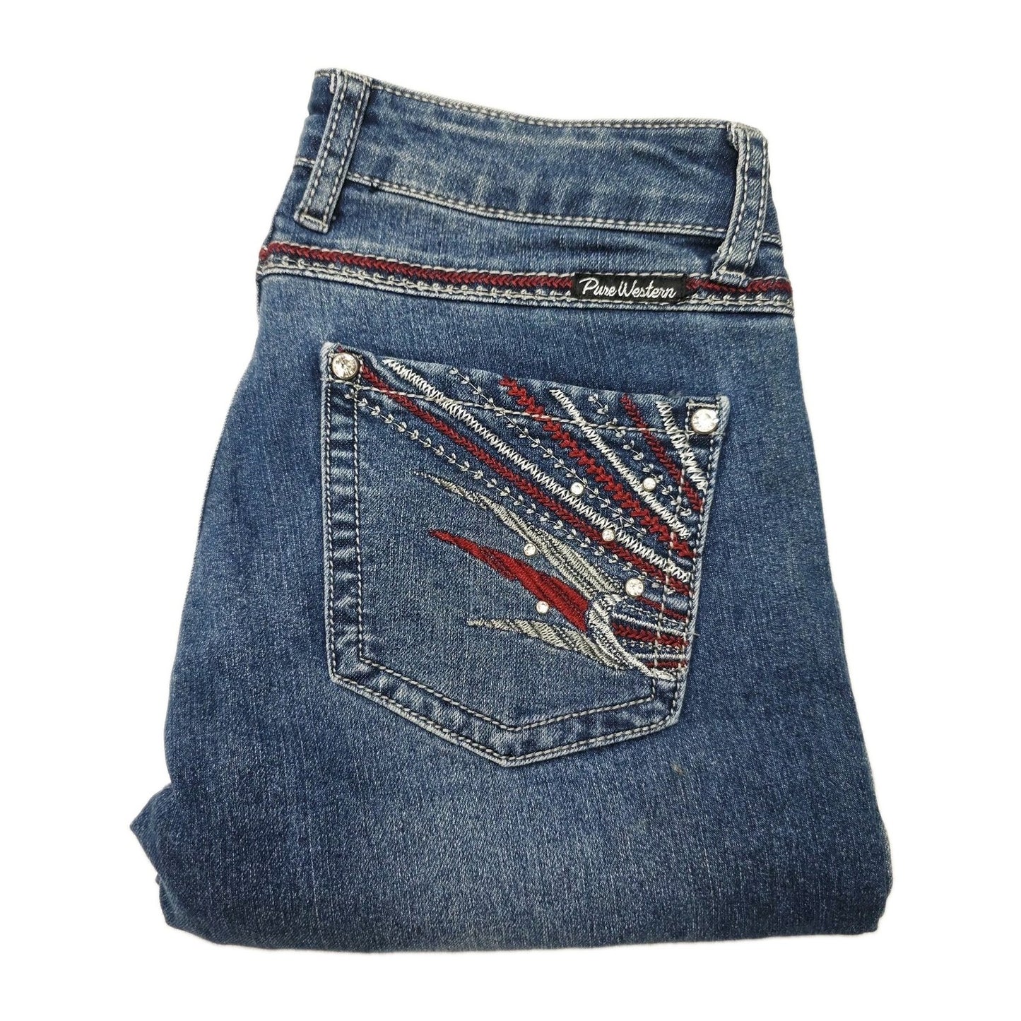 Pure Western Jeans Women's 8 L28 Blue Bootcut Stretch Denim Rhinestone Pockets