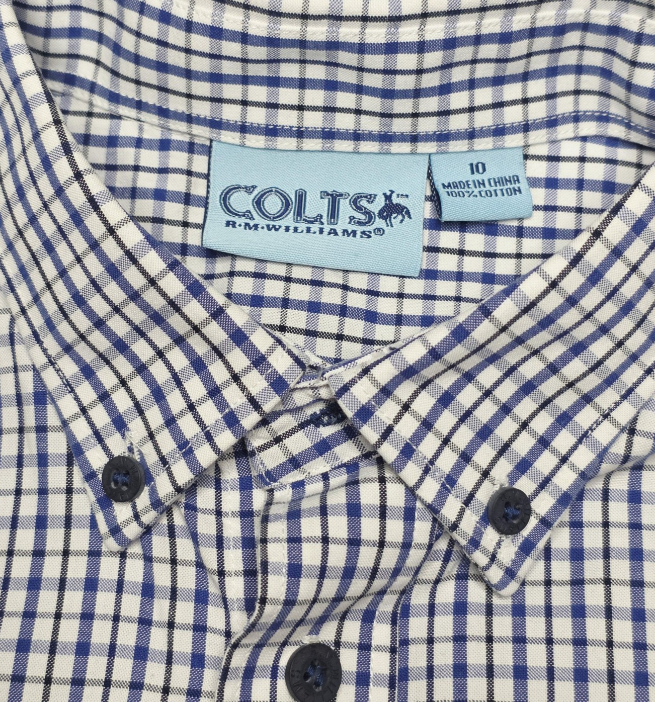 R.M. Williams Colts Shirt Boys 10 Blue Gingham Long Sleeve Button Up Pockets