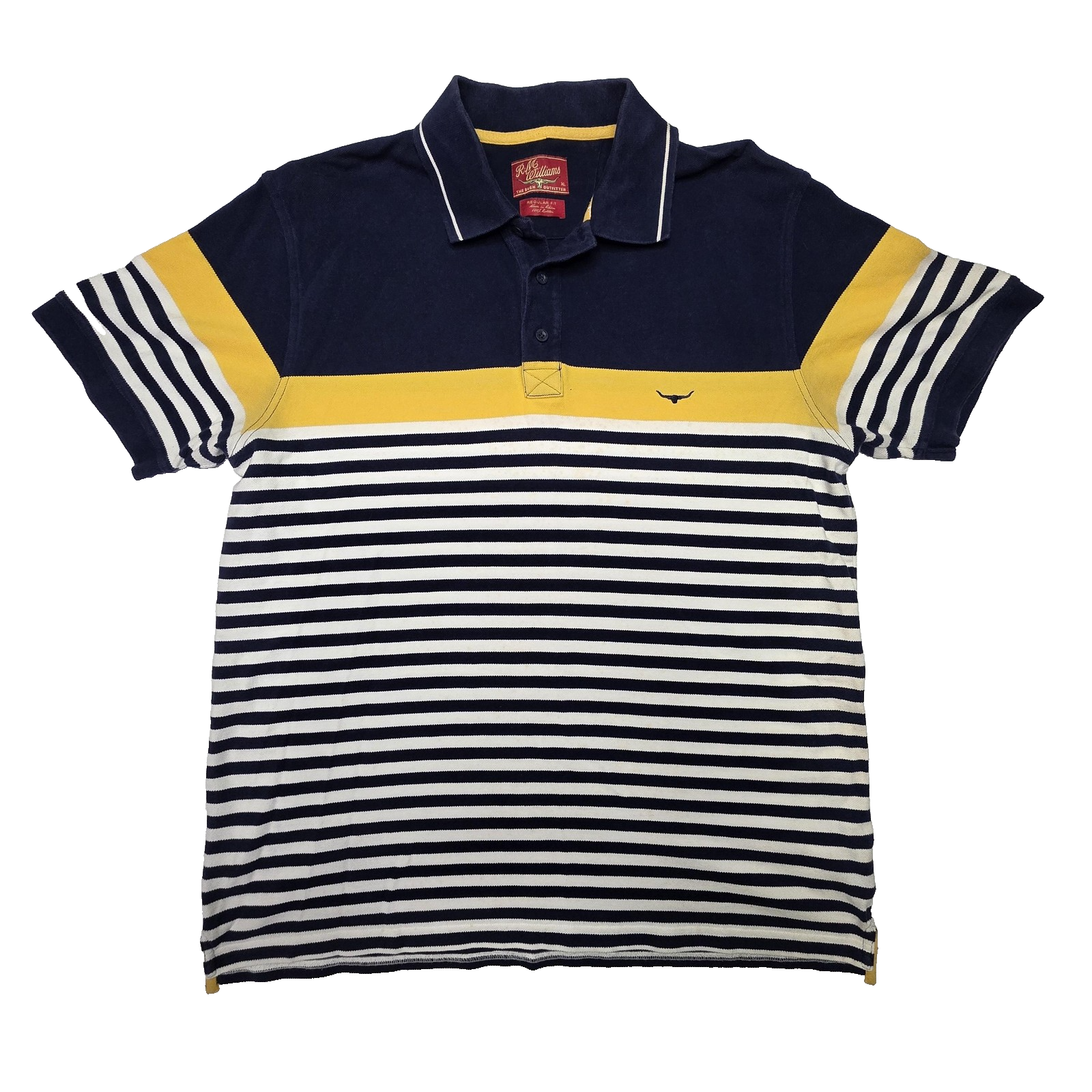 R.M. Williams Shirt Men's XL Blue Yellow Stripe Cotton Polo Casual