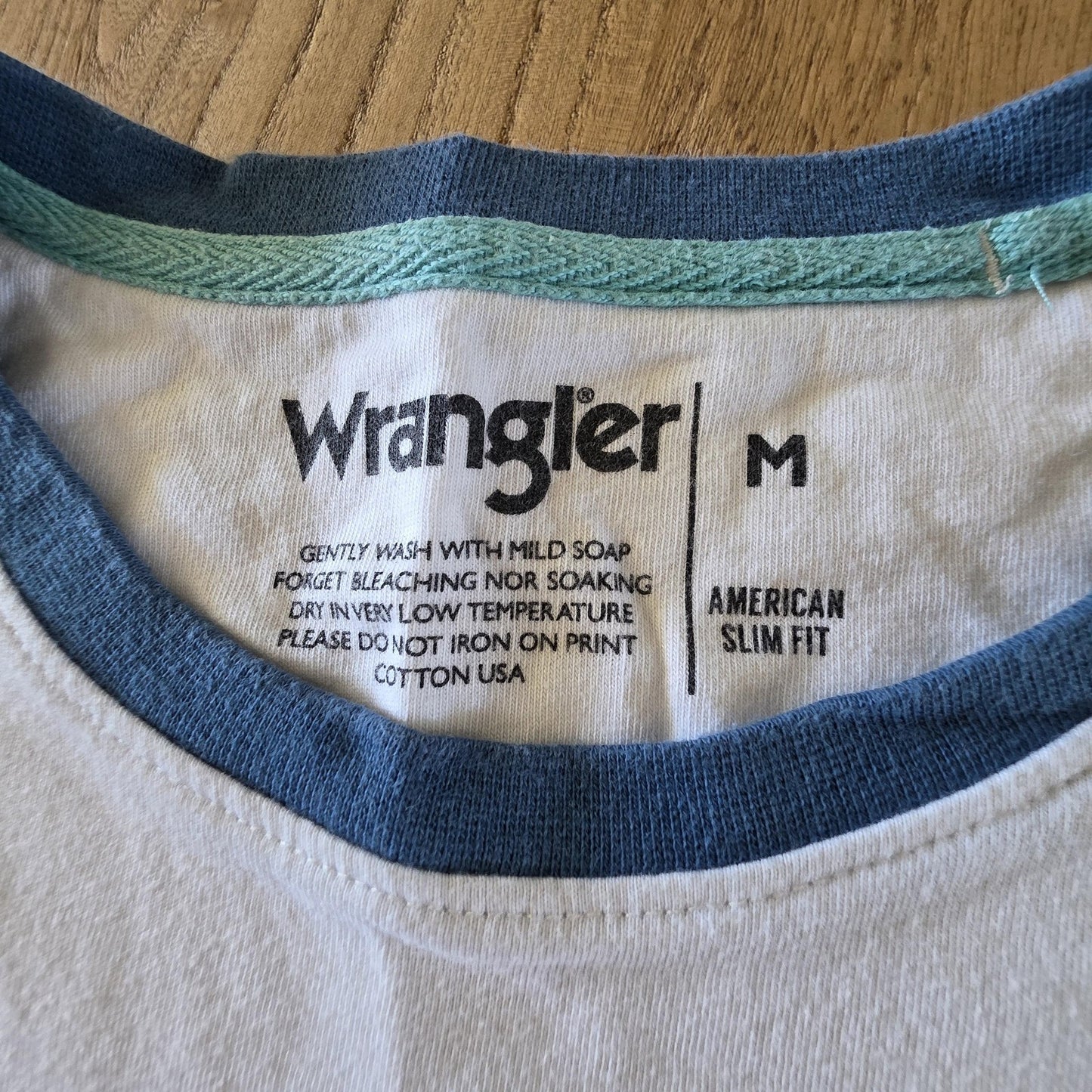 Wrangler Shirt Men's M White Retro Rainbow Logo Ringer American Slim Fit Cotton