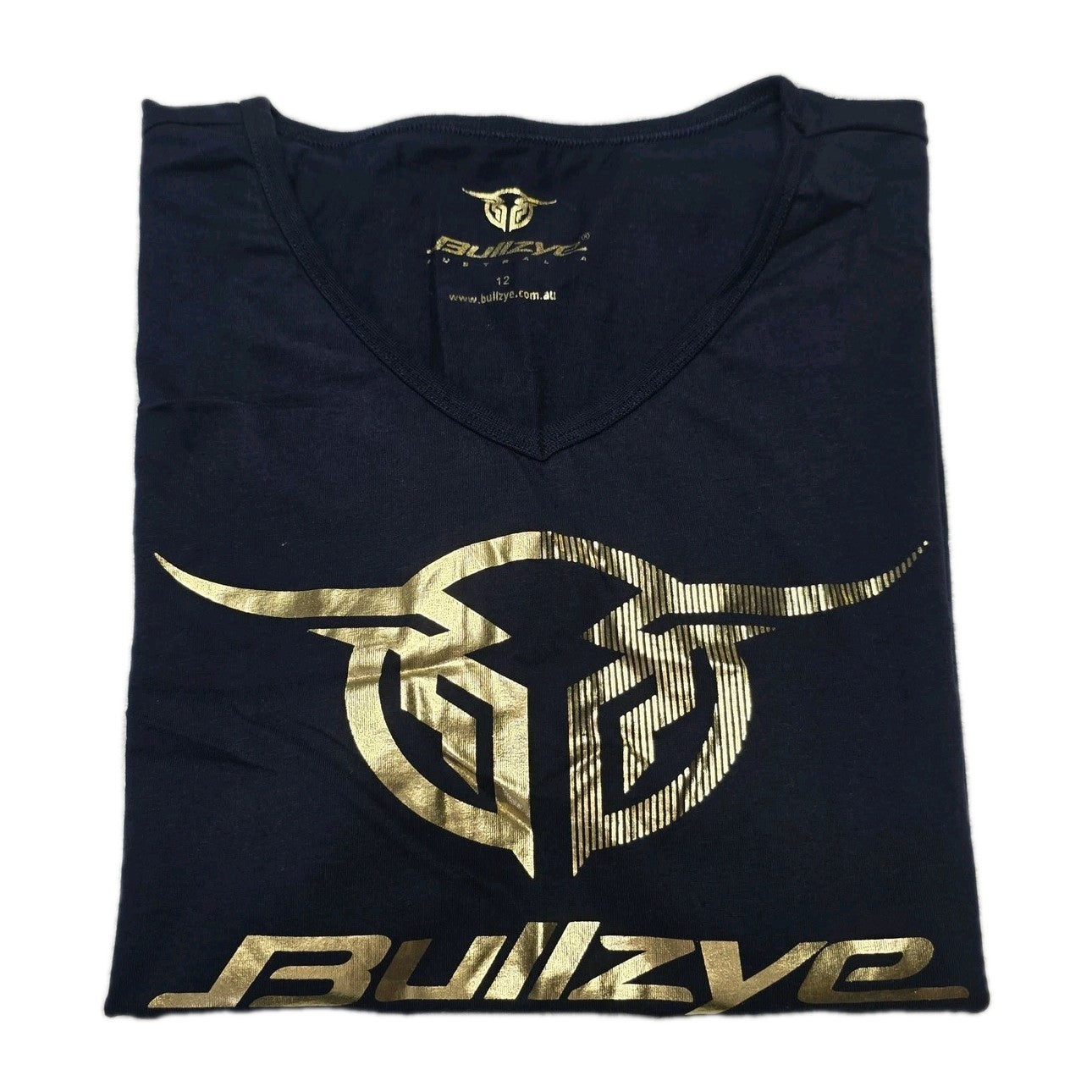 Bullzye T-Shirt Women's 12 Navy Short Sleeve V Neck Logo Cotton Casual Top