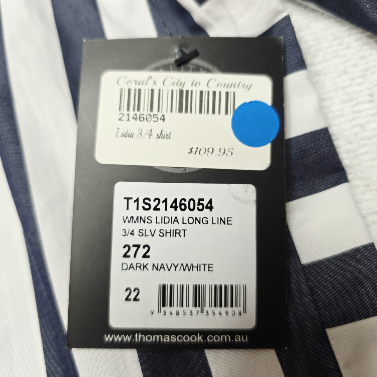 Thomas Cook Shirt Women's 22 Blue 3/4 Sleeve Button Up Striped Tunic Cotton