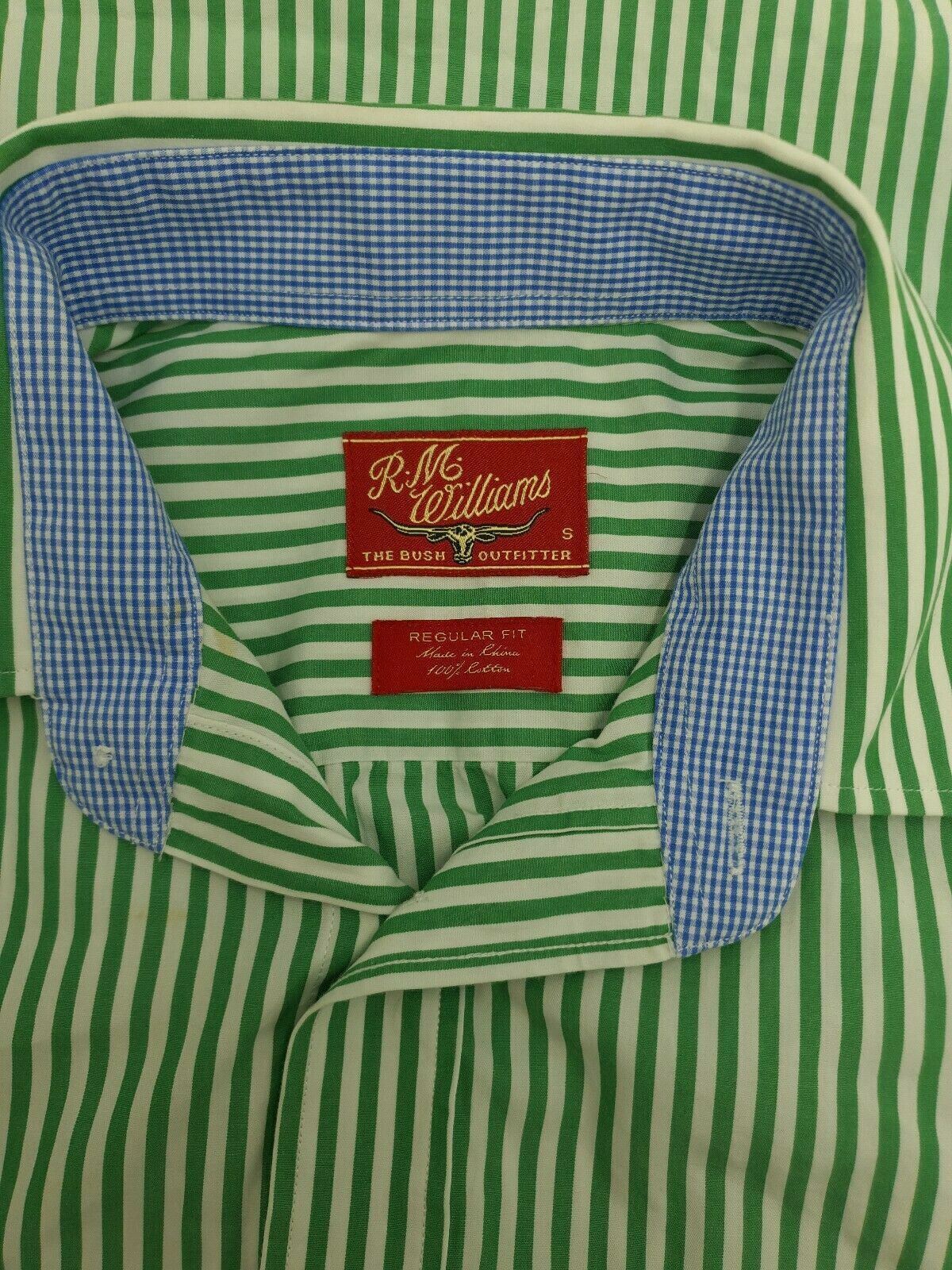 R.M Williams Mens White & Green Stripe Short Sleeve Shirt Regular Fit Size S.