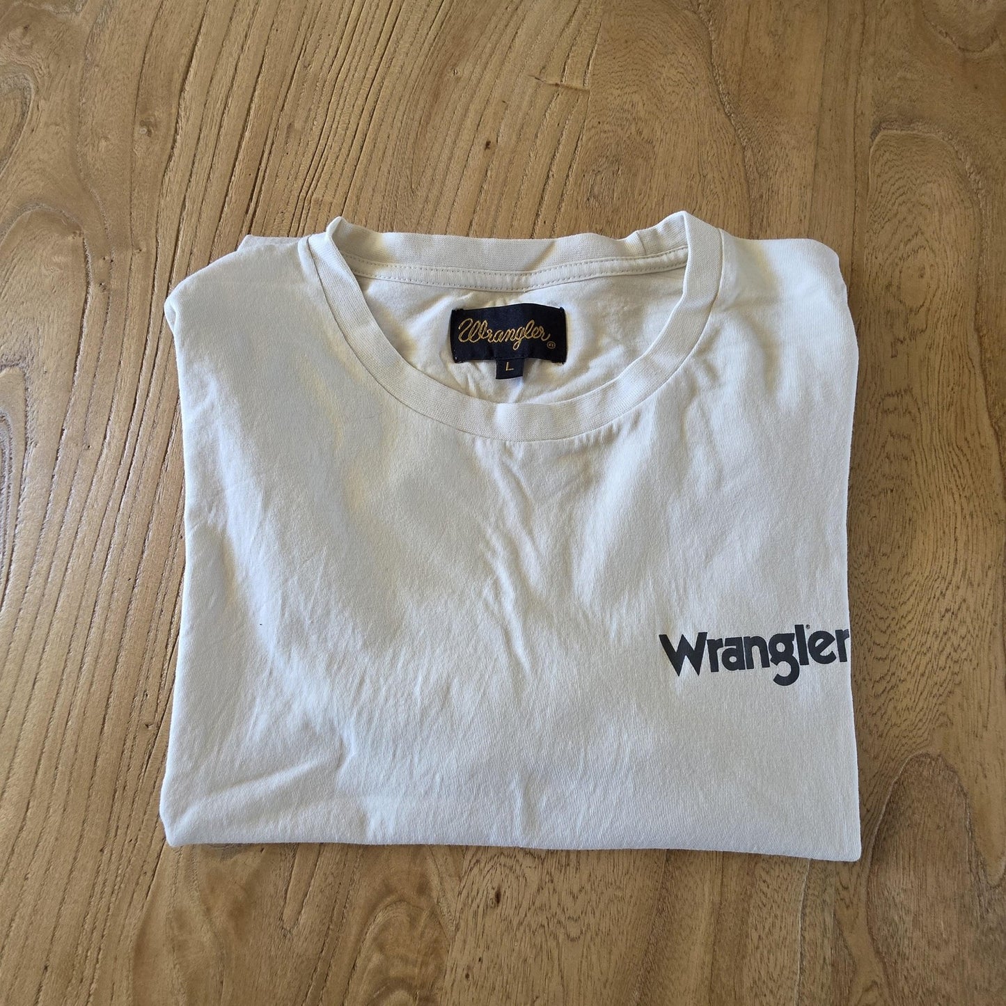 Wrangler Shirt Men's Beige Logo Crew Neck Short Sleeve Cotton Casual Tee Large