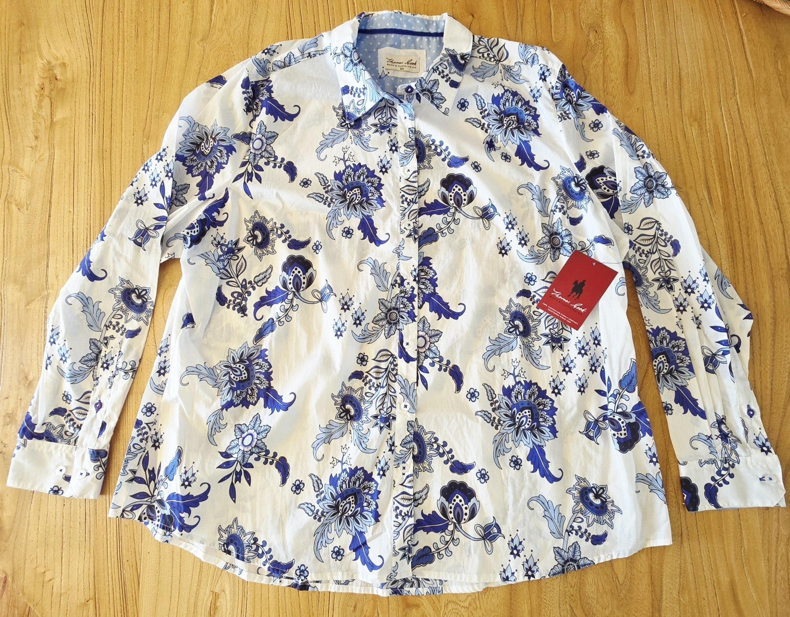Thomas Cook Shirt Women's 20 White Long Sleeve Button Up Floral Cotton Top