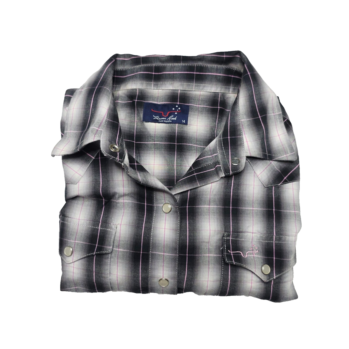 Thomas Cook Shirt Women's 14 Grey Long Sleeve Snap Button Up Western Plaid