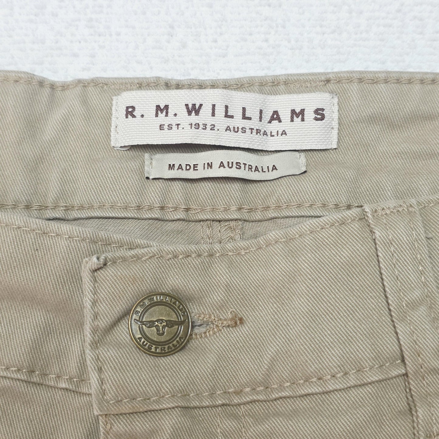R.M. Williams Jeans Men's 37x32 Beige Straight Regular Stretch Denim Logo