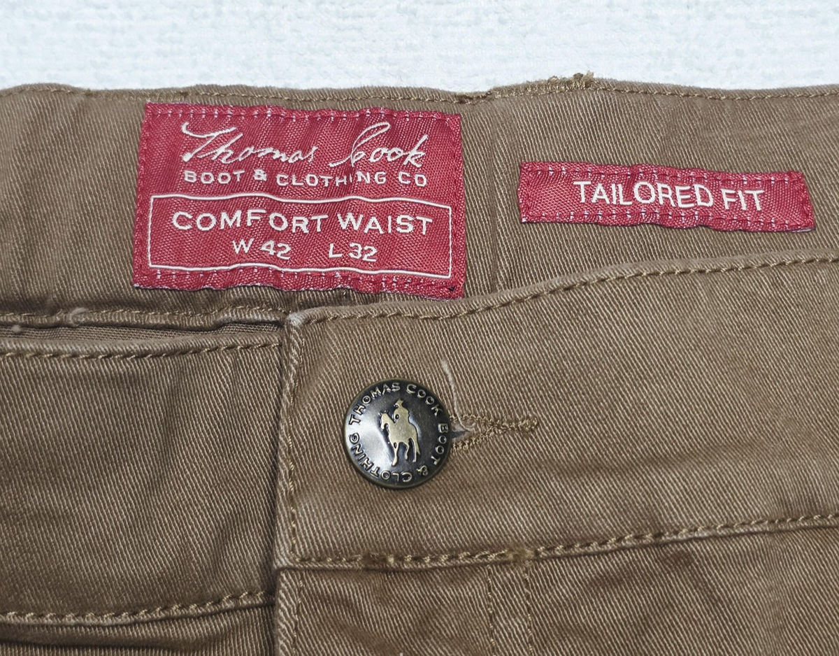 Thomas Cook Jeans Mens 42x27 Brown Straight Slim Comfort Waist Denim Stretch