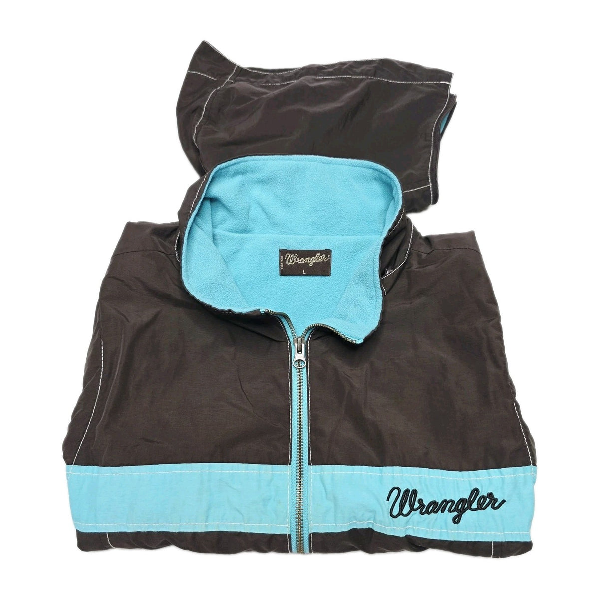 Wrangler Vest Women's L Brown Blue Hooded Fleece Lined Zip Up Pockets Western