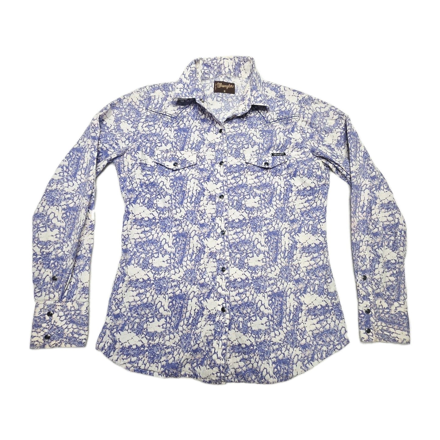 Wrangler Shirt Women's 10 Blue Long Sleeve Snap Button Up Cotton Geometric