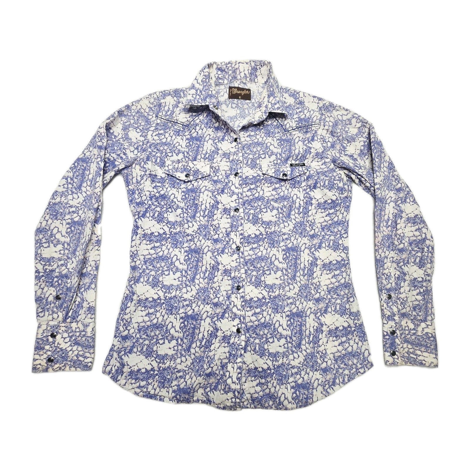 Wrangler Shirt Women's 10 Blue Long Sleeve Snap Button Up Cotton Geometric