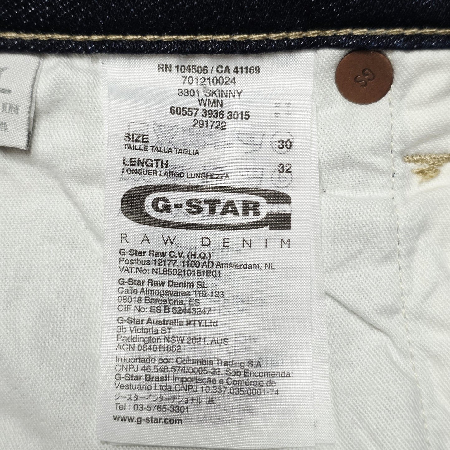 G-Star RAW Jeans Women's 30x29 Blue 3301 Skinny Raw Denim Slim Pockets Logo