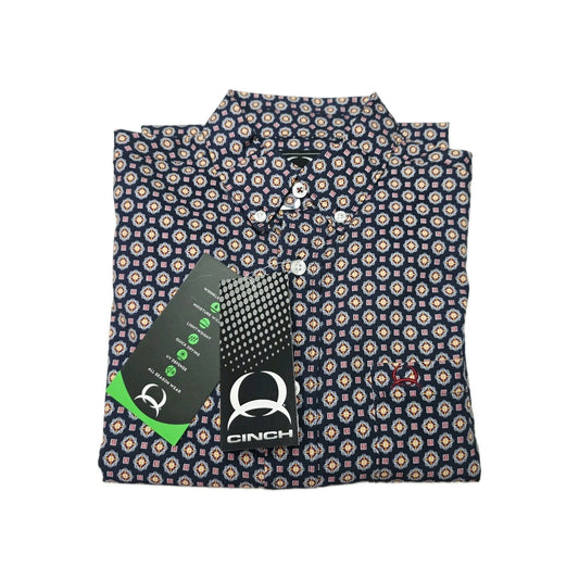 Cinch Shirt Boys XL 14 Blue Long Sleeve Button Up Arenaflex Geometric Print