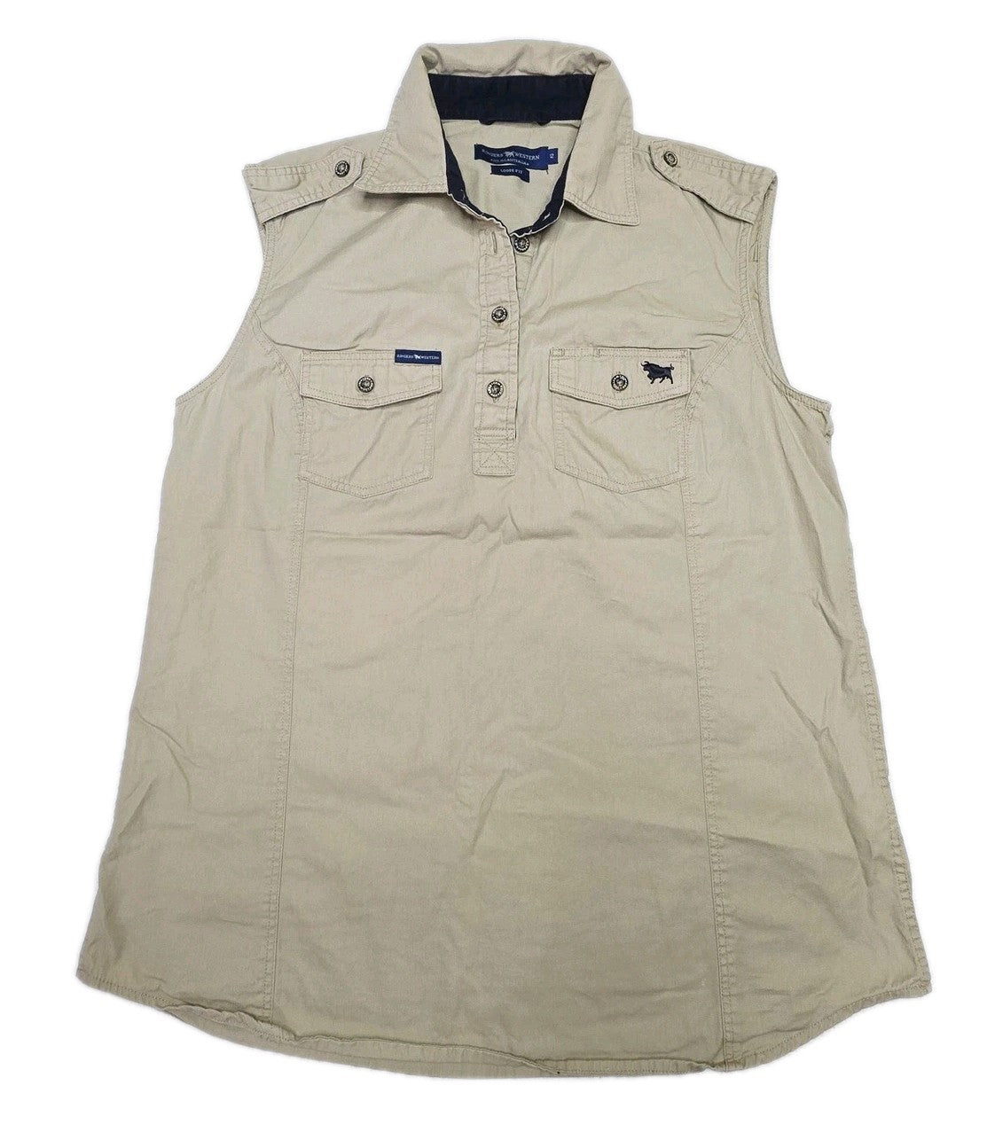 Ringers Western Shirt Women's 12 Beige Sleeveless Button Up Pockets Cowboy