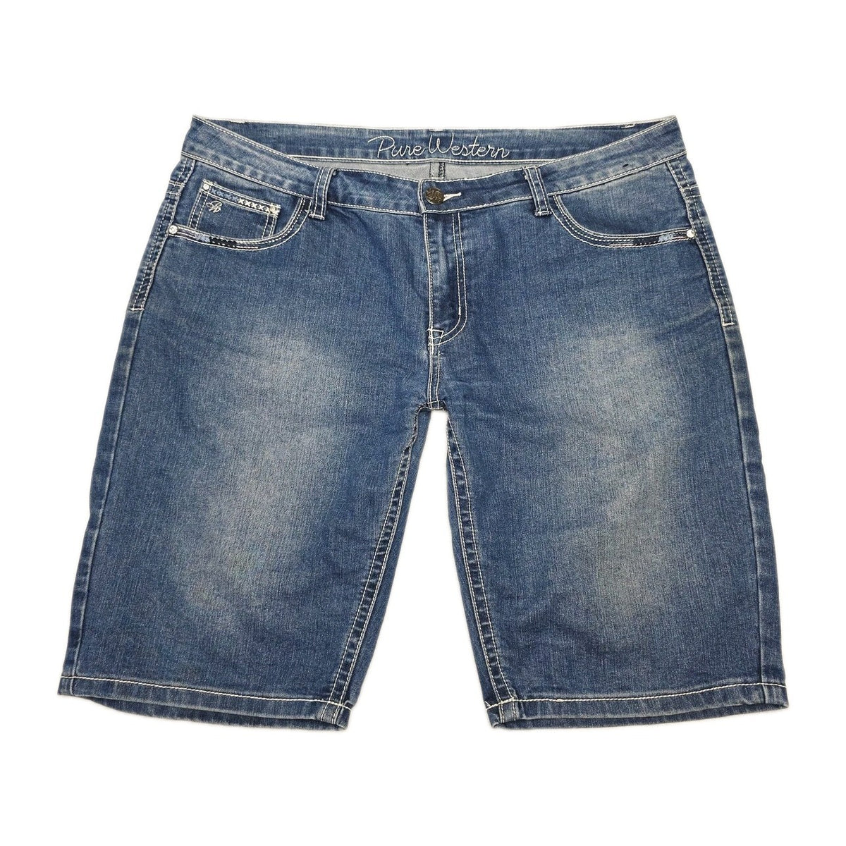 Pure Western Shorts Women's 16 Blue Denim Bermuda Medium Wash Stretch Summer