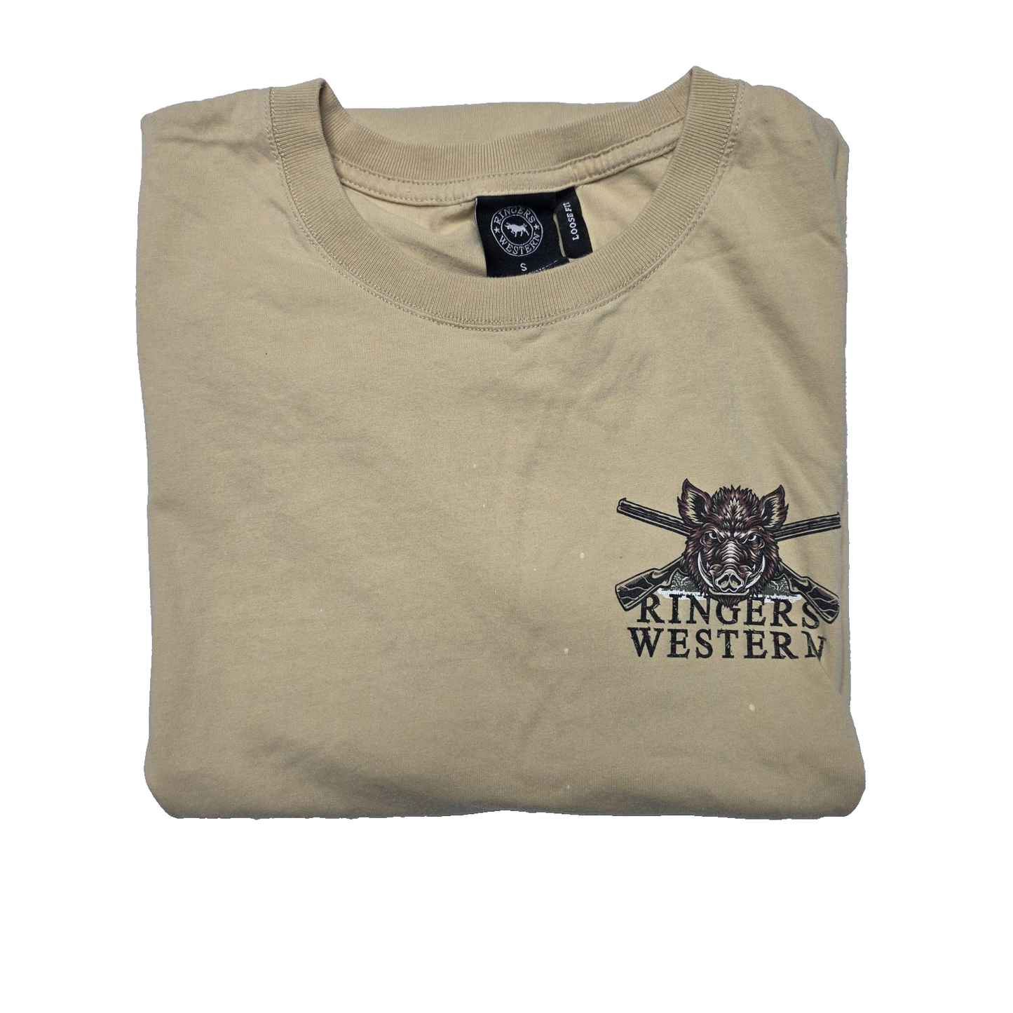 Ringers Western Shirt Men's S Beige Boar Hunting Graphic Loose Fit Cotton