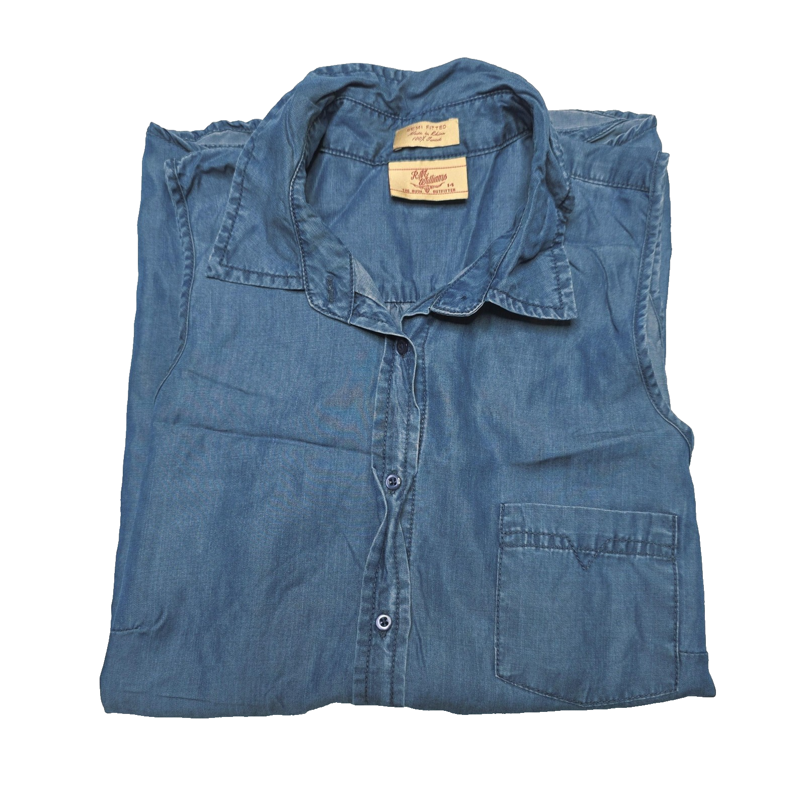 R.M. Williams Shirt Women's 14 Blue Sleeveless Button Up Tencel Chambray Tunic