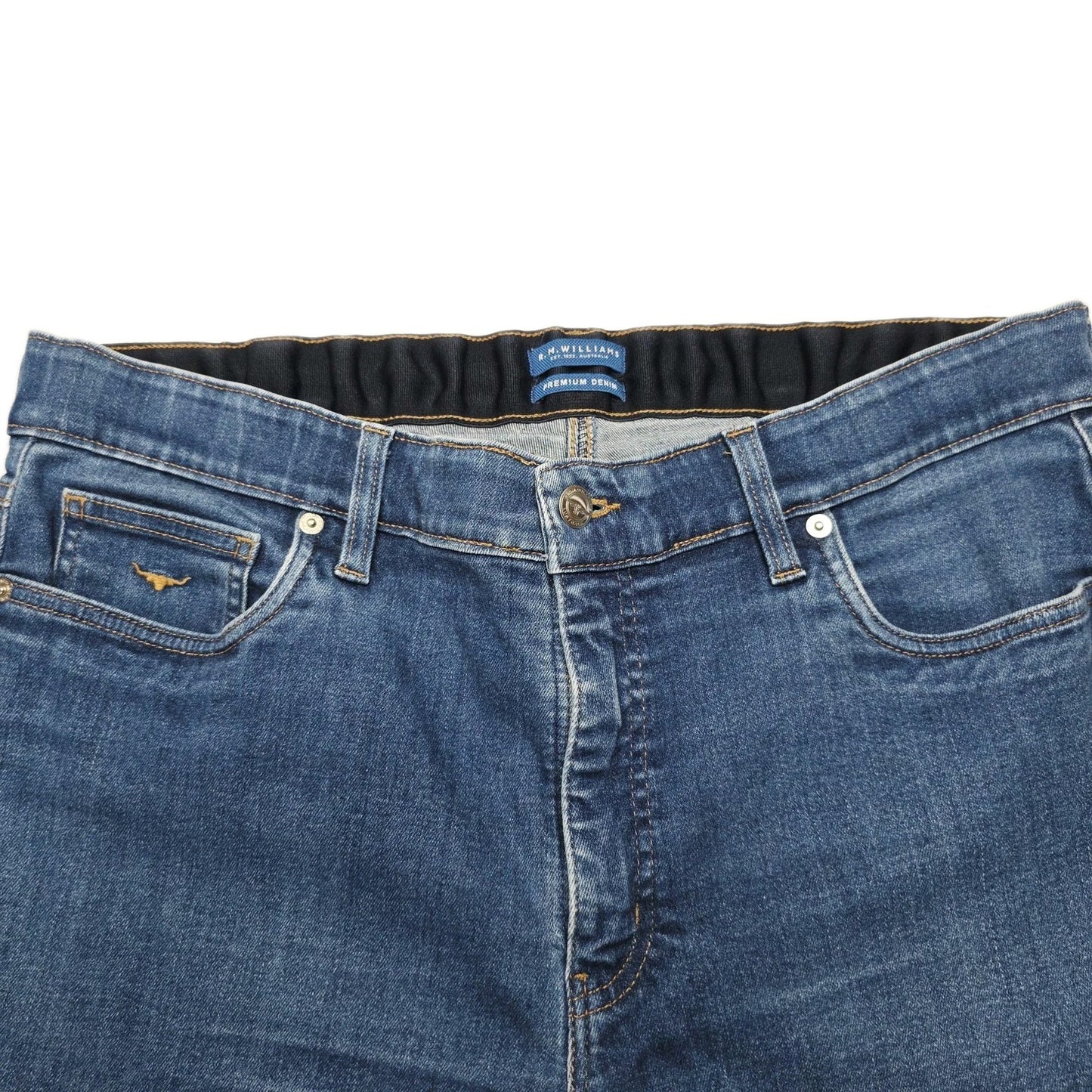 R.M. Williams Jeans Women's 34x31 Blue Straight Stretch Denim Elastic Waist Logo