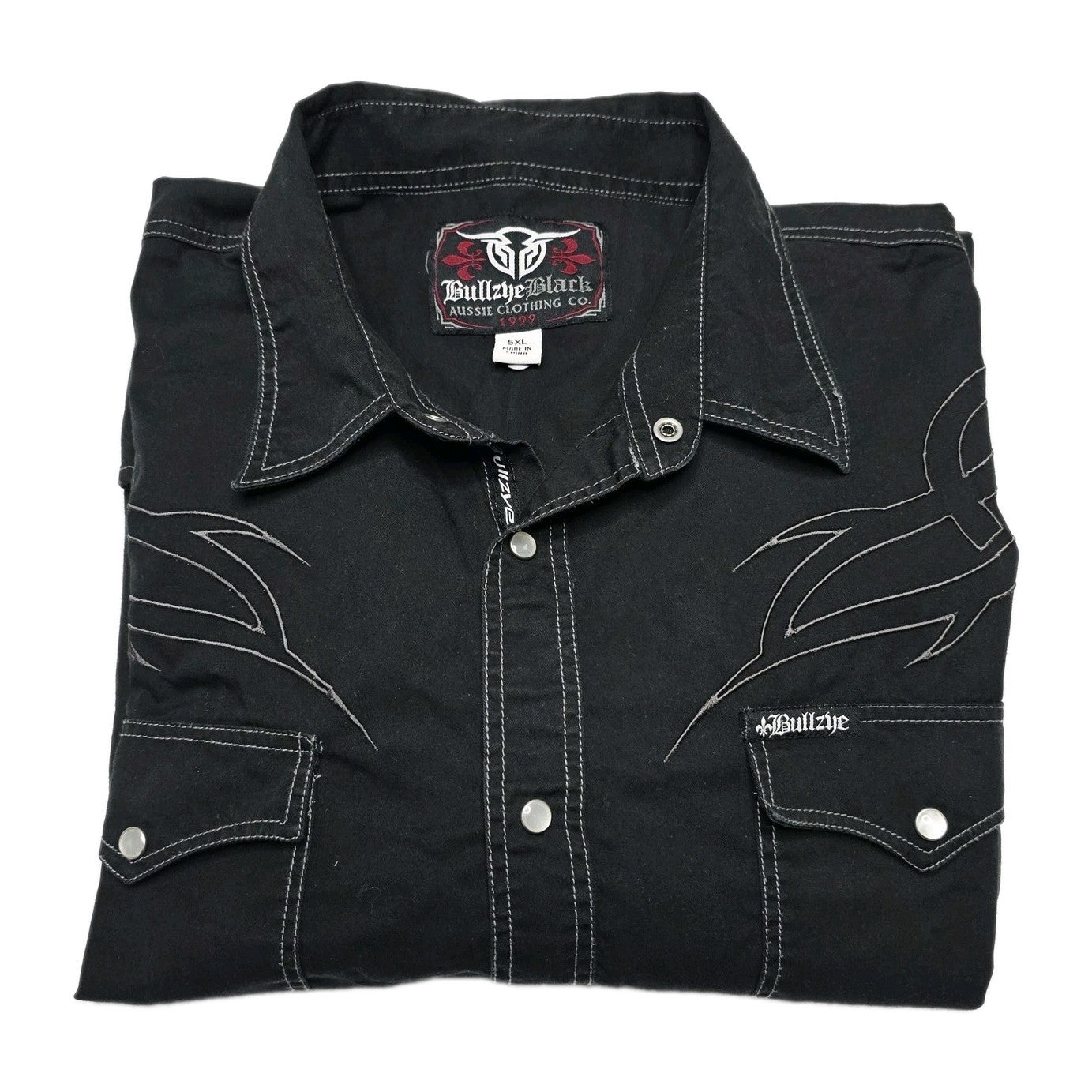 Bullzye Black Shirt Mens 5XL Black Long Sleeve Western Snap Front Embroidered