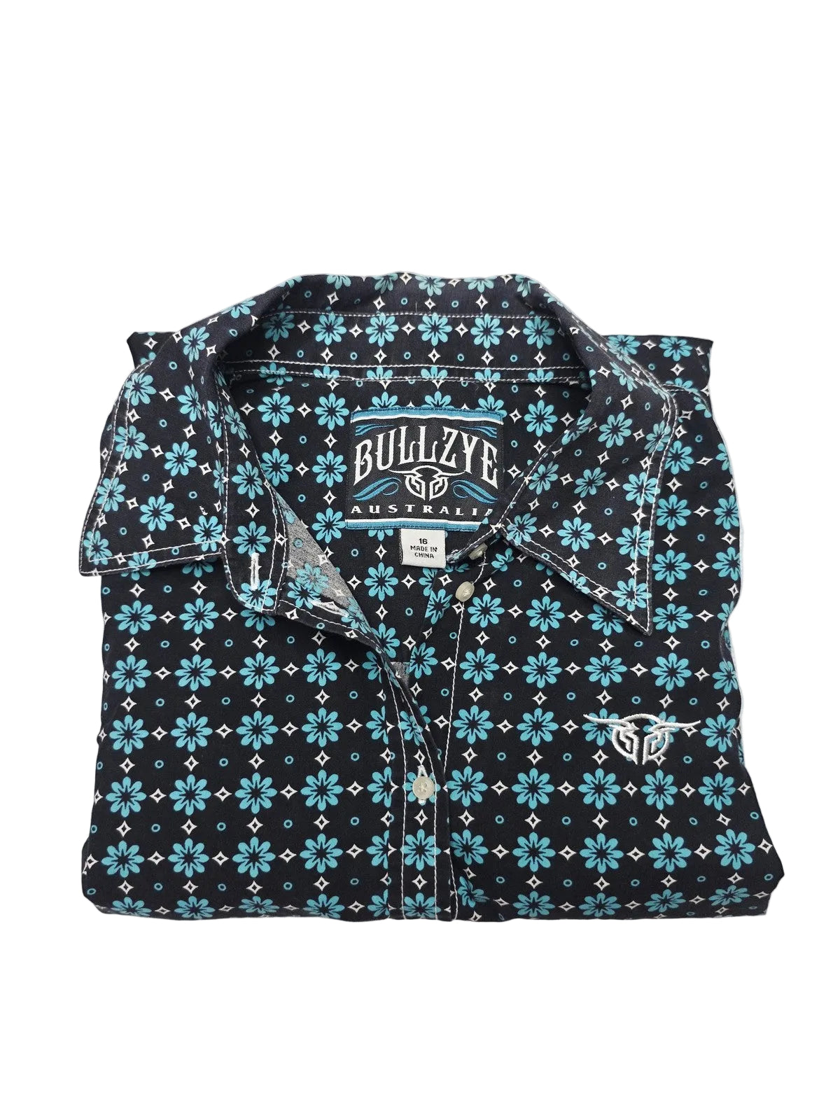 Bullzye Shirt Womens 16 Black Floral Collared Button Up Western Summer Casual