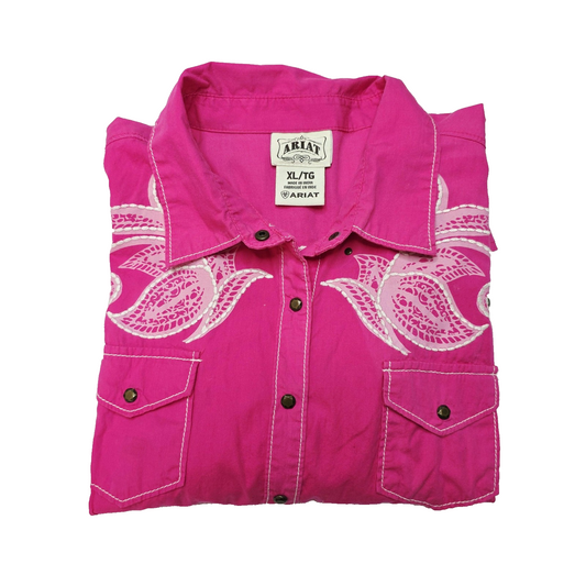 Ariat Shirt Women's XL Pink Long Sleeve Snap Button Western Embroidered Paisley