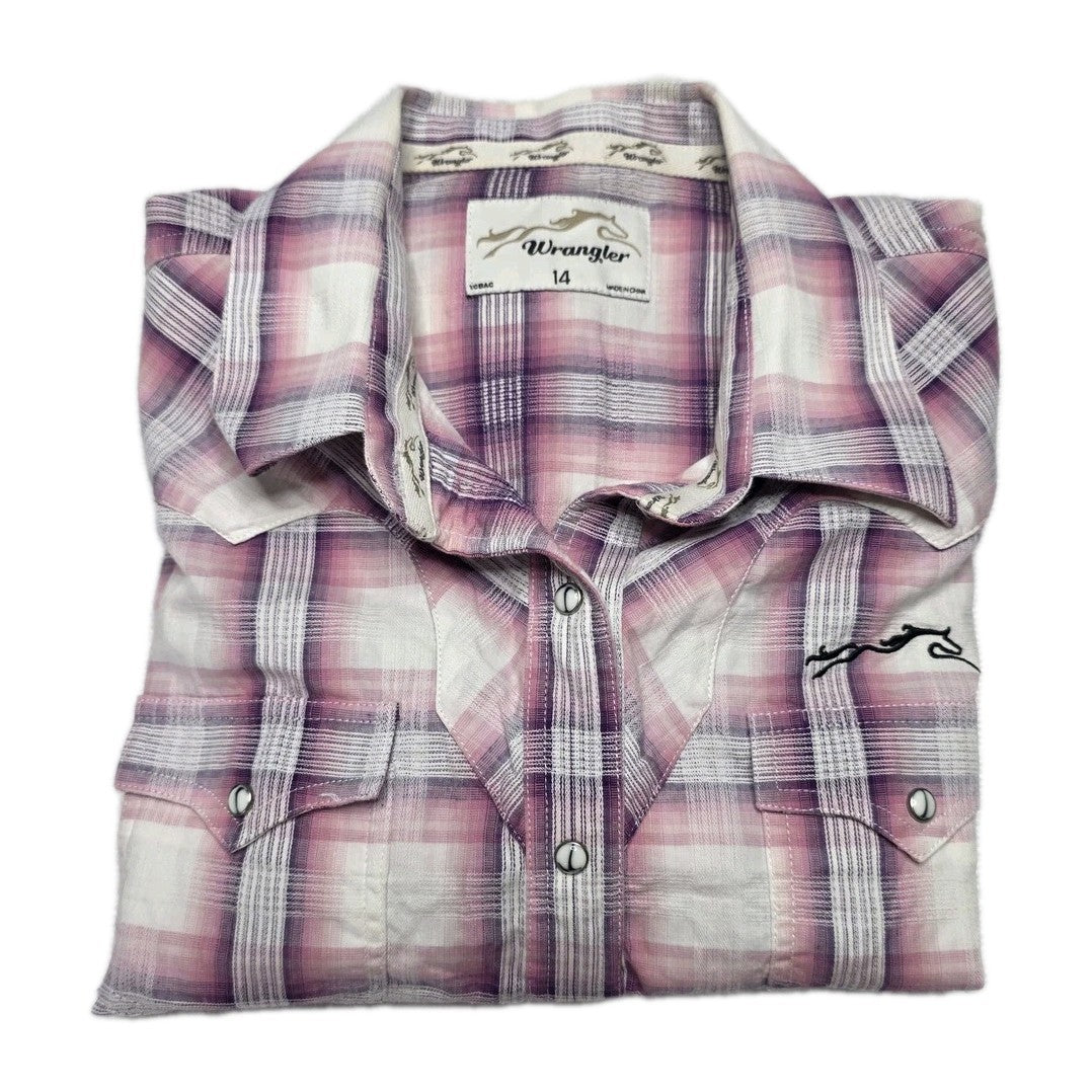 Wrangler Shirt Womens 14 Pink Plaid 100% Cotton Snap Button Up Spring Casual