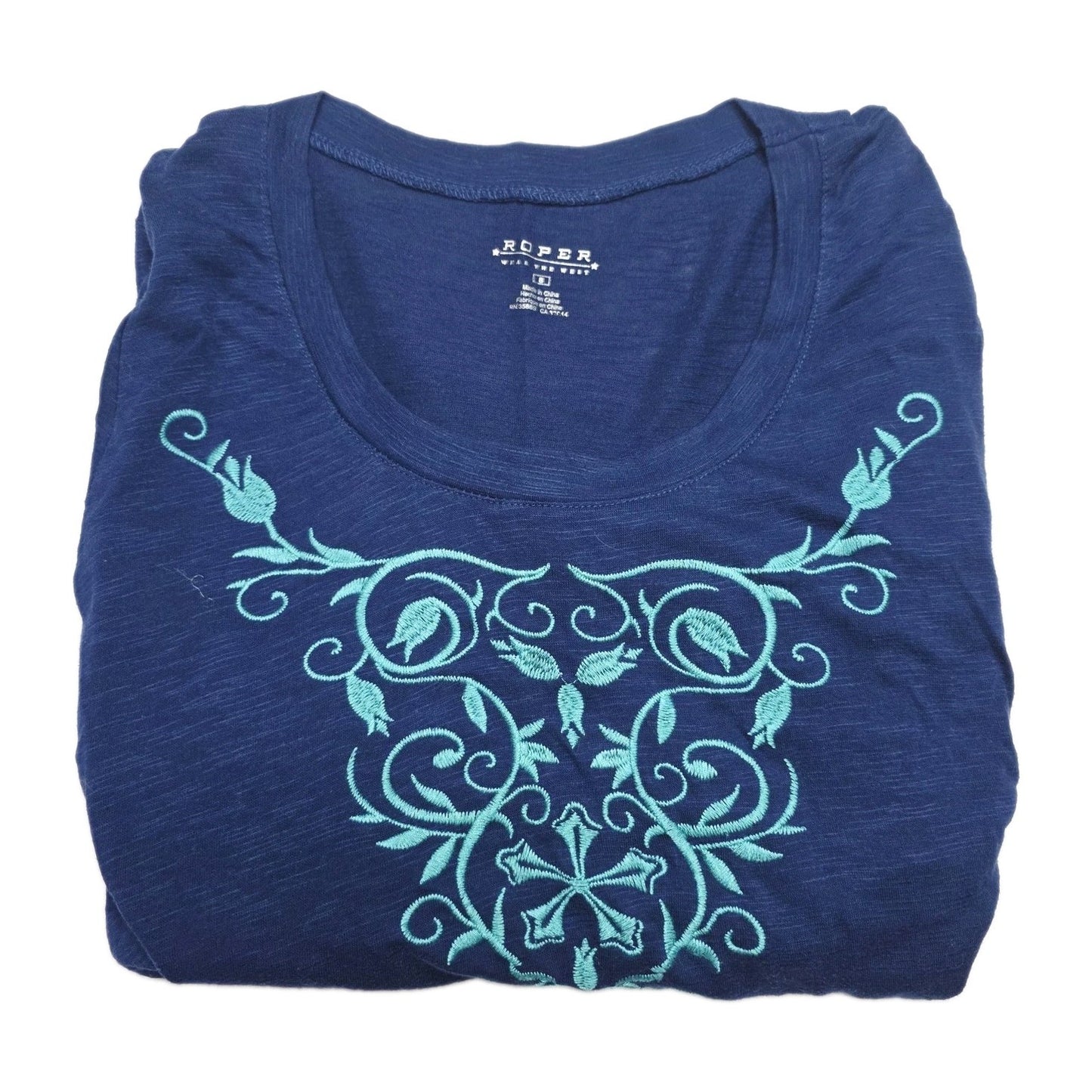Roper T-Shirt Women's Small Blue 3/4 Sleeve Embroidered Scoop Neck Tunic Top