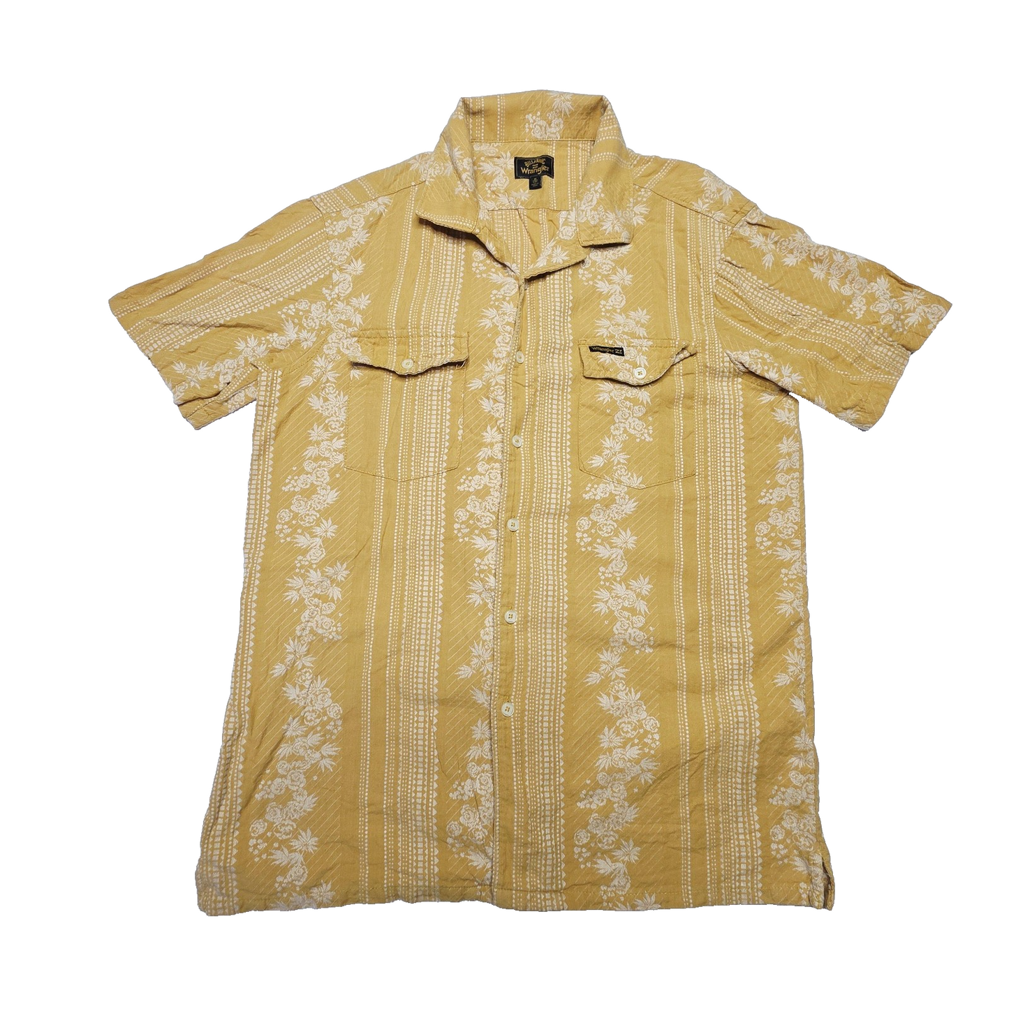 Billabong Wrangler Shirt Mens M Yellow Hawaiian Floral Short Sleeve Cotton