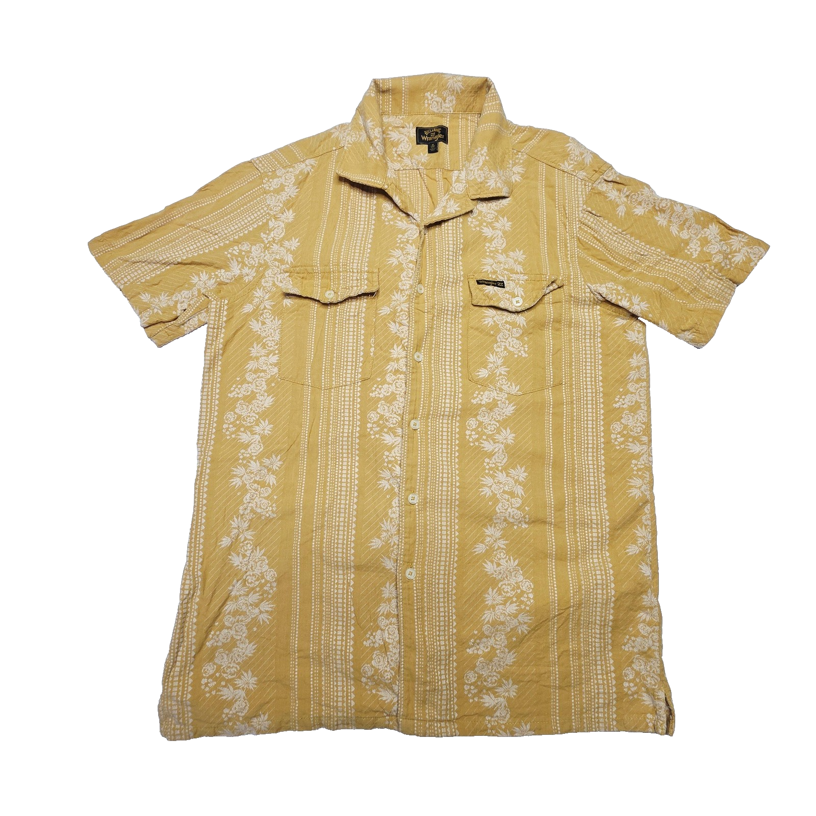 Billabong Wrangler Shirt Mens M Yellow Hawaiian Floral Short Sleeve Cotton