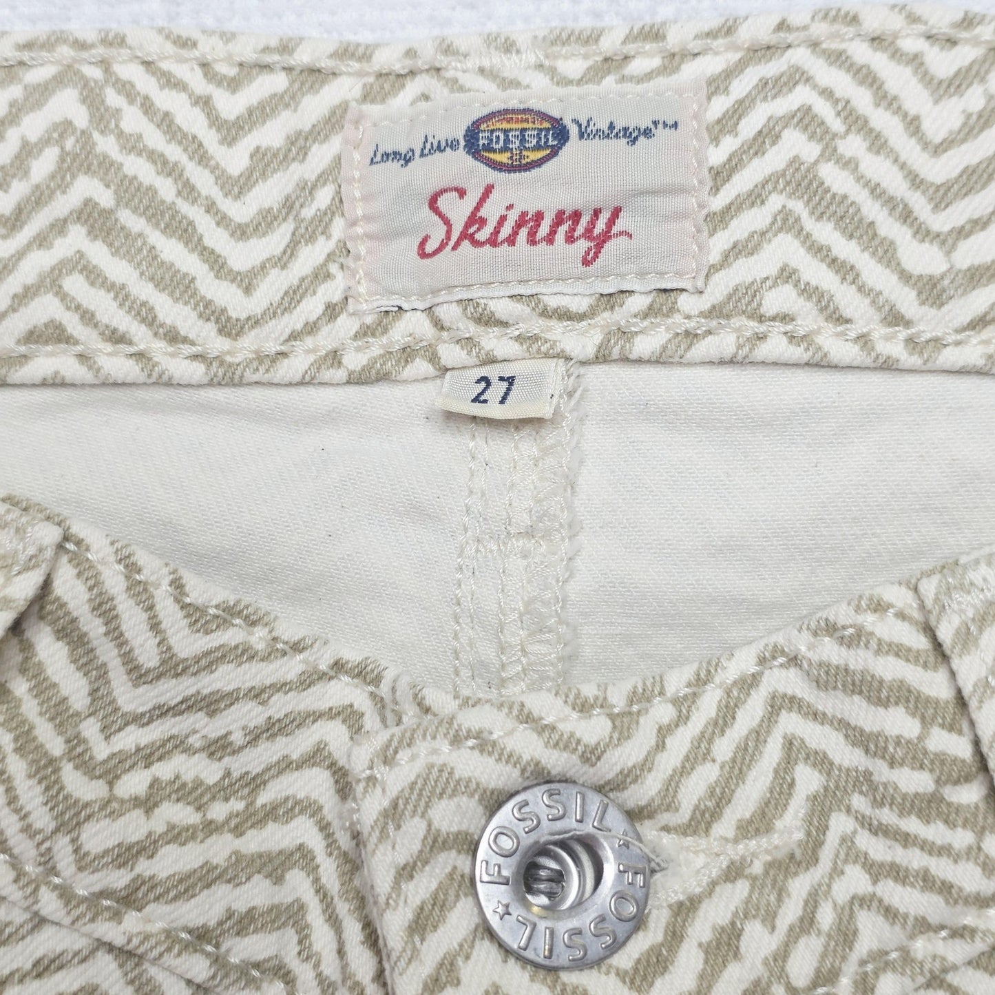 Fossil Jeans Women's 27x30 Beige Skinny Herringbone Stretch Denim Pockets Logo