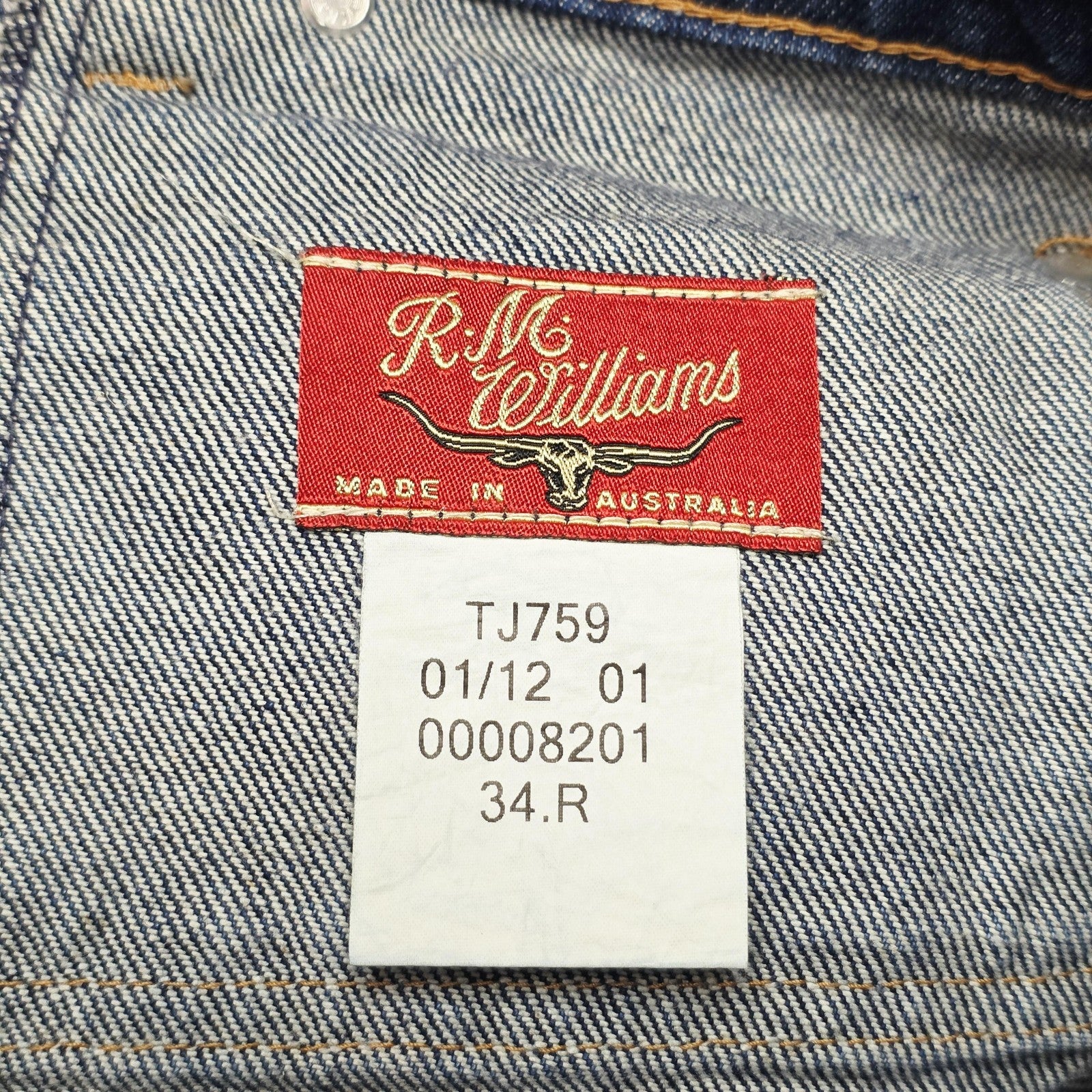 R.M. Williams Jeans Men's 34R Blue Straight Regular Cotton Denim Zip Fly TJ759