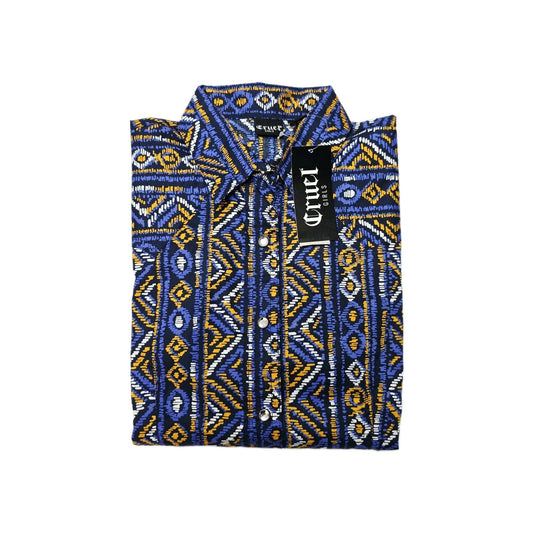 Cruel Girl Shirt Girls 12 Blue Long Sleeve Button Up Cotton Geometric Print