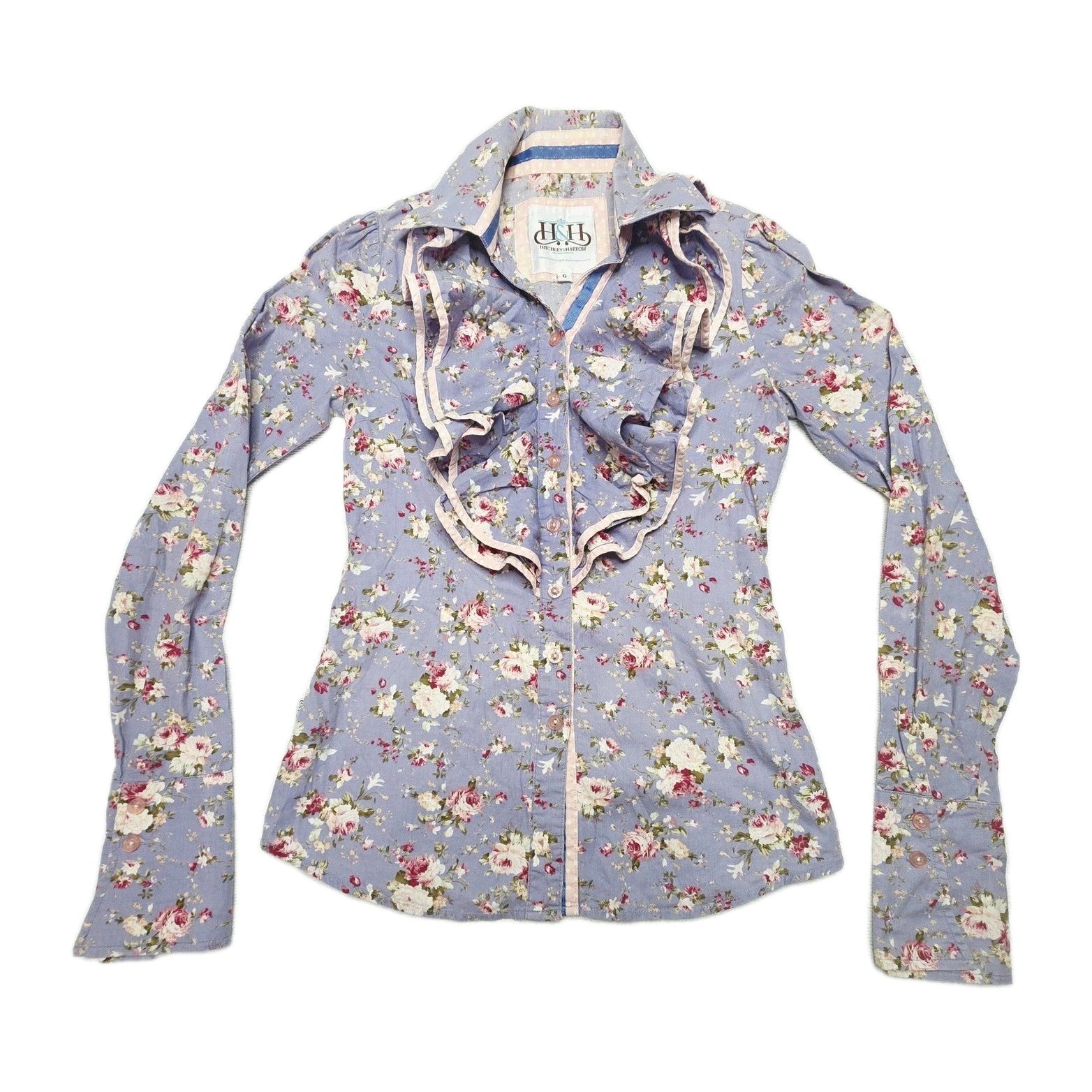 Hitchley & Harrow Shirt Women's 6 Purple Long Sleeve Button Up Floral Ruffle