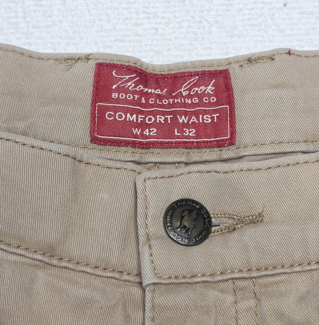 Thomas Cook Jeans Men's 42x31 Beige Khakis Stretch Zip Fly Comfort Waist